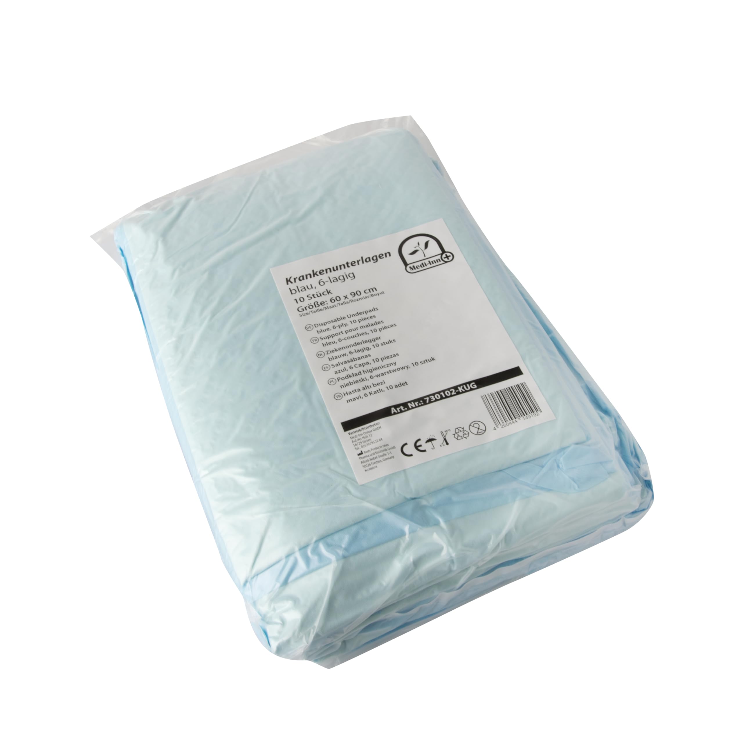 100x MEDI-INN Krankenunterlagen 60x90 cm, 6-lagige Bettschutzunterlagen mit 1050 ml Saugvolumen, Inkontinenzunterlagen Einweg, flüssigkeitsdicht, rutschhemmend, blau