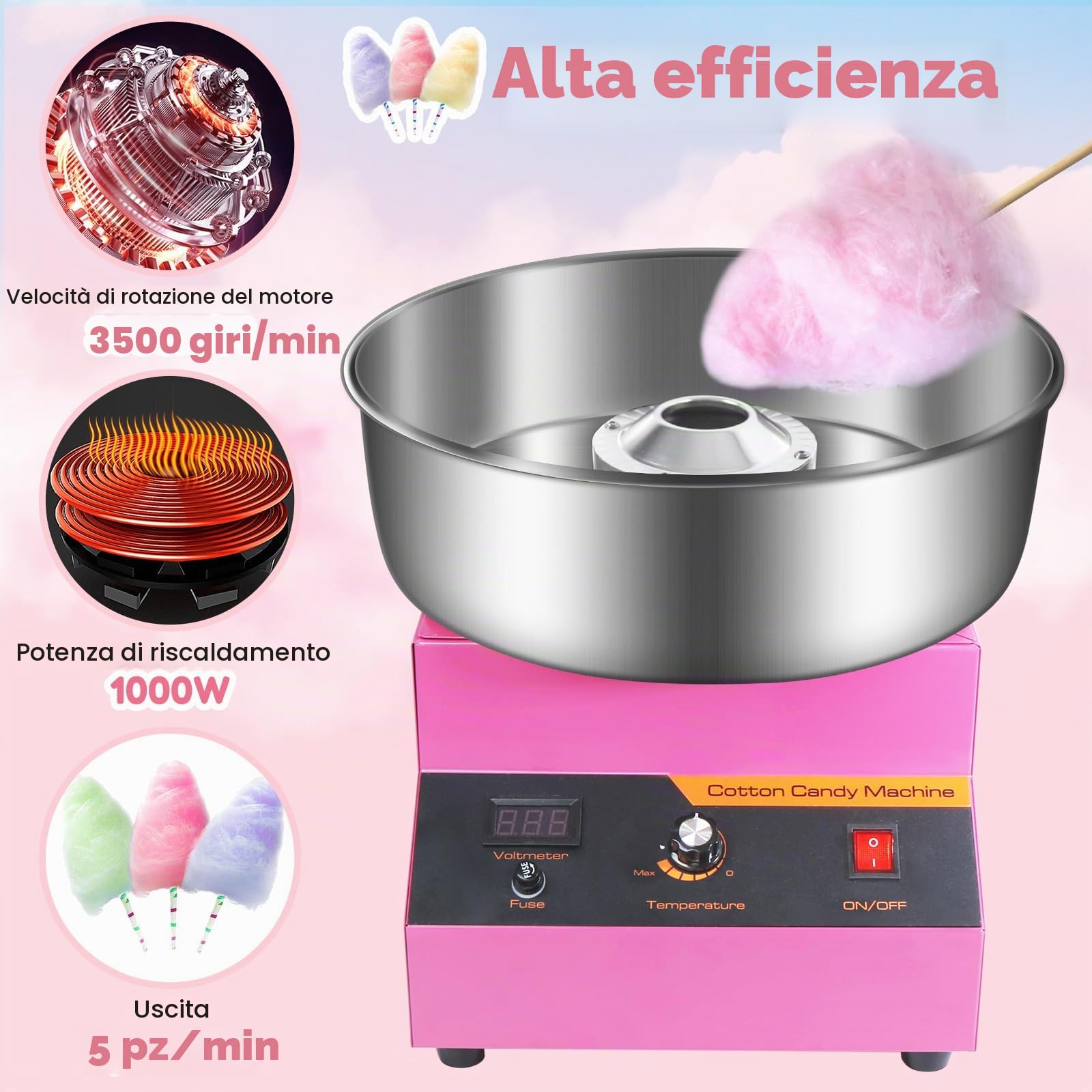 Macchina Zucchero Filato Professionale, 1000W Macchina per Zucchero Filato Grande da Banco - con Ciotola in Acciaio Inossidabile, Temperatura Regolabile, per Bambini, Casa, Compleanno, Feste (Rosa)