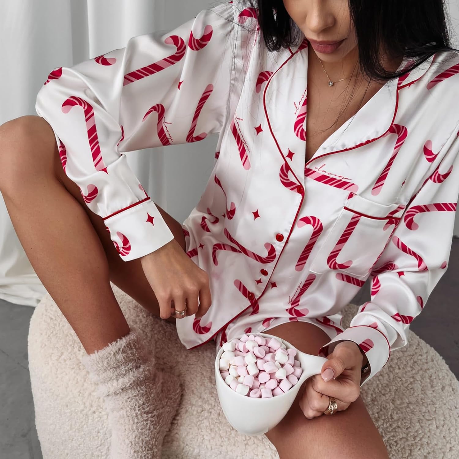 Tenopuli Women Christmas Pajamas Shorts Set 2 Piece Long Sleeve Button Down Shirt Cute V Neck Candy Cane Lounge Sleepwear - Image 3