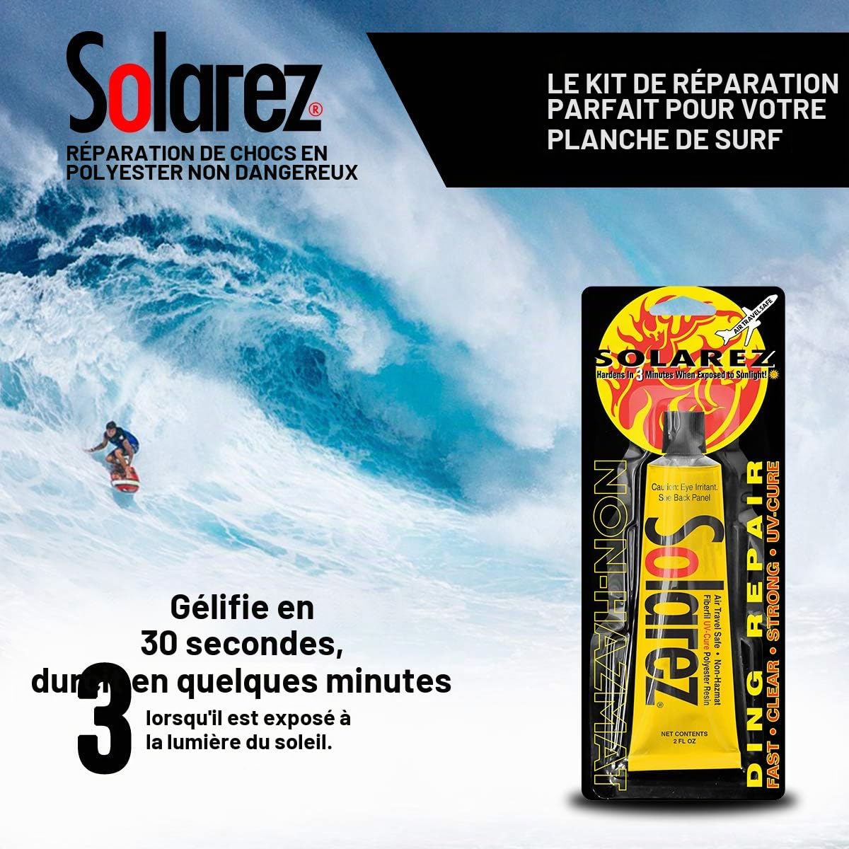 Solarez Kit de réparation pour planche de surf en polyester à séchage UV Air Travel Safe (28,3 g) - Formule sûre et non dangereuse, séchage en moins de 3 minutes. Comprend un tampon de sable grain 60/240, durcissement solaire 100 % fabriqué aux États-Unis