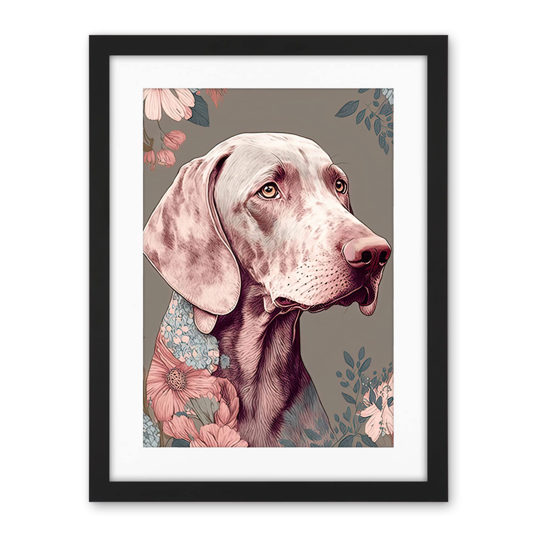Artery8 Weimaraner Dog Portrait with Flower Patterns Modern Detailed Illustration Artwork Framed Wall Art Print 18X24 Inch