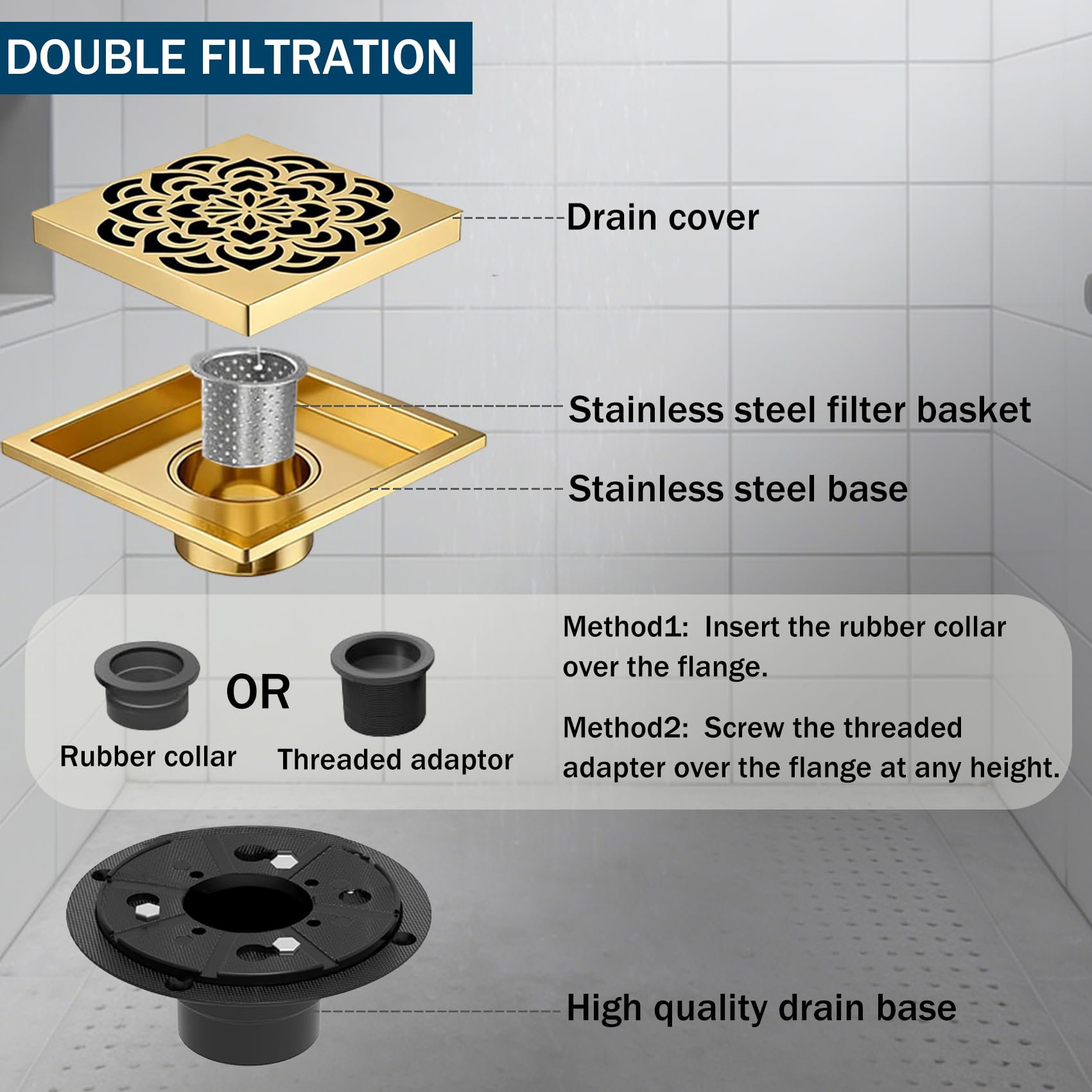 6 Inch Shower Drain, Square Shower Floor Drain Kit with Flange and Removable Cover Grate, AISI 304 Stainless Steel, Brushed Gold — view 8