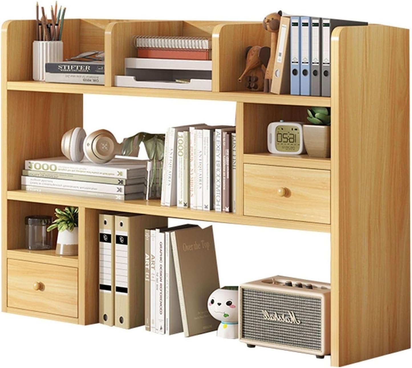 MDFデスクトップ本棚、デスクトップストレージオーガナイザーディスプレイシェルフブックラック, カウンタートップハッチ本棚、デスクス