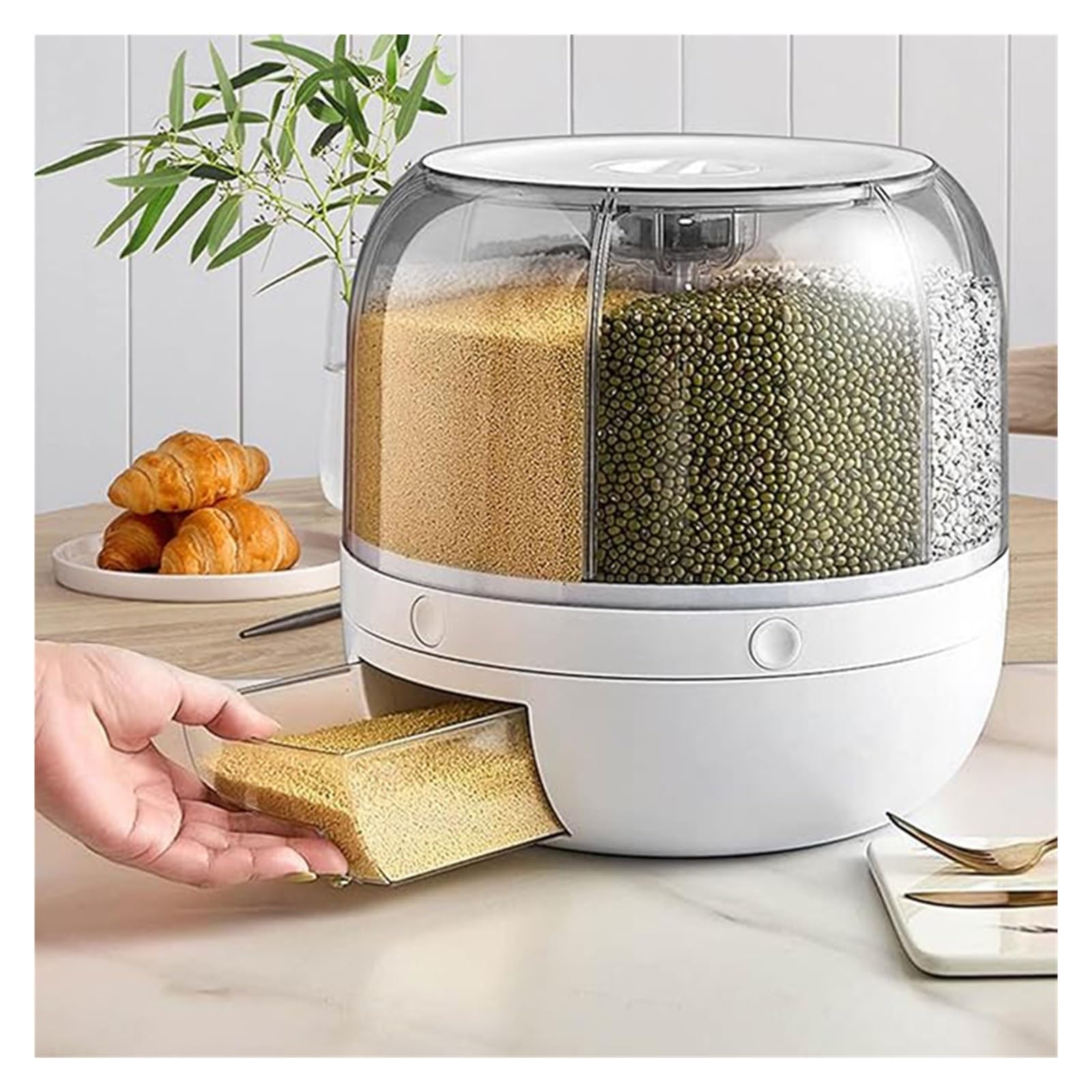 Contenedor dispensador de granos giratorio 360° de 6 compartimentos | Diseno de 6 compartimentos con salida de un toque, para arroz, granos y cereales secos, reutilizable