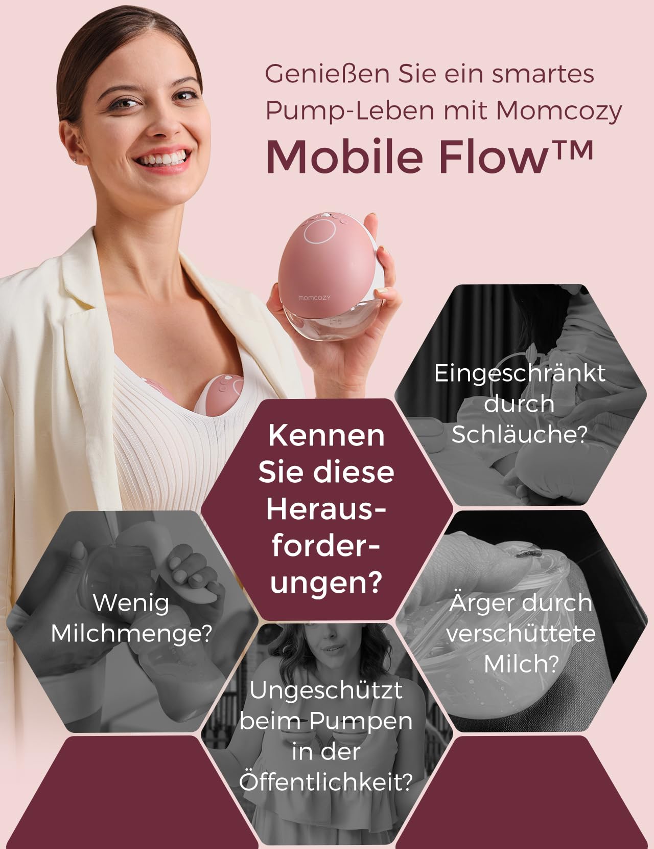 Momcozy Freihändige Milchpumpe Mobile Flow M9 Upgrade Elektrisch App-Steuerung Personalisierte Multi-Modi 15 Stufen Tragbar 24 mm Rot 2 Stück