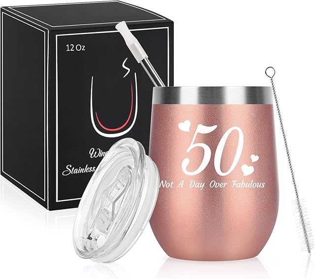 Livole 50th Birthday Gifts for Women, Stainless Steel Double Insulated Stemless Wine Glasses with Lid and Straw, Wine Tumbler with Funny Saying, Not A Day Over Fabulous, 12oz, Rose Gold