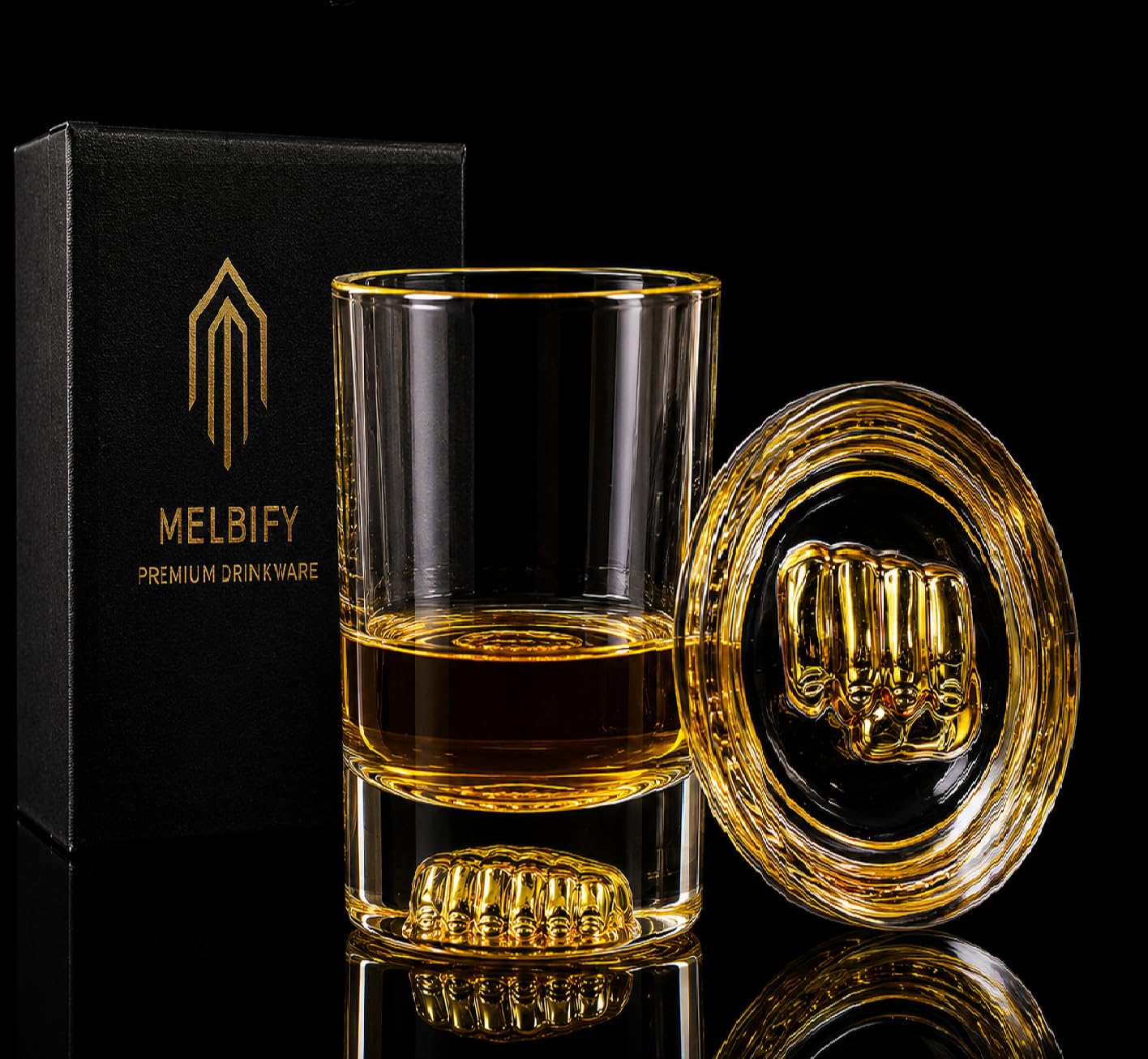 Melbify Boxing Whiskey's Glass| 300 ml|Set of 6 | Premium Packing | Gift Box | Unique| Big| Broad| High end| Expensive| Golden Plated Whiskey Glass| Whiskey Glass Gift Set for Boxing Lovers