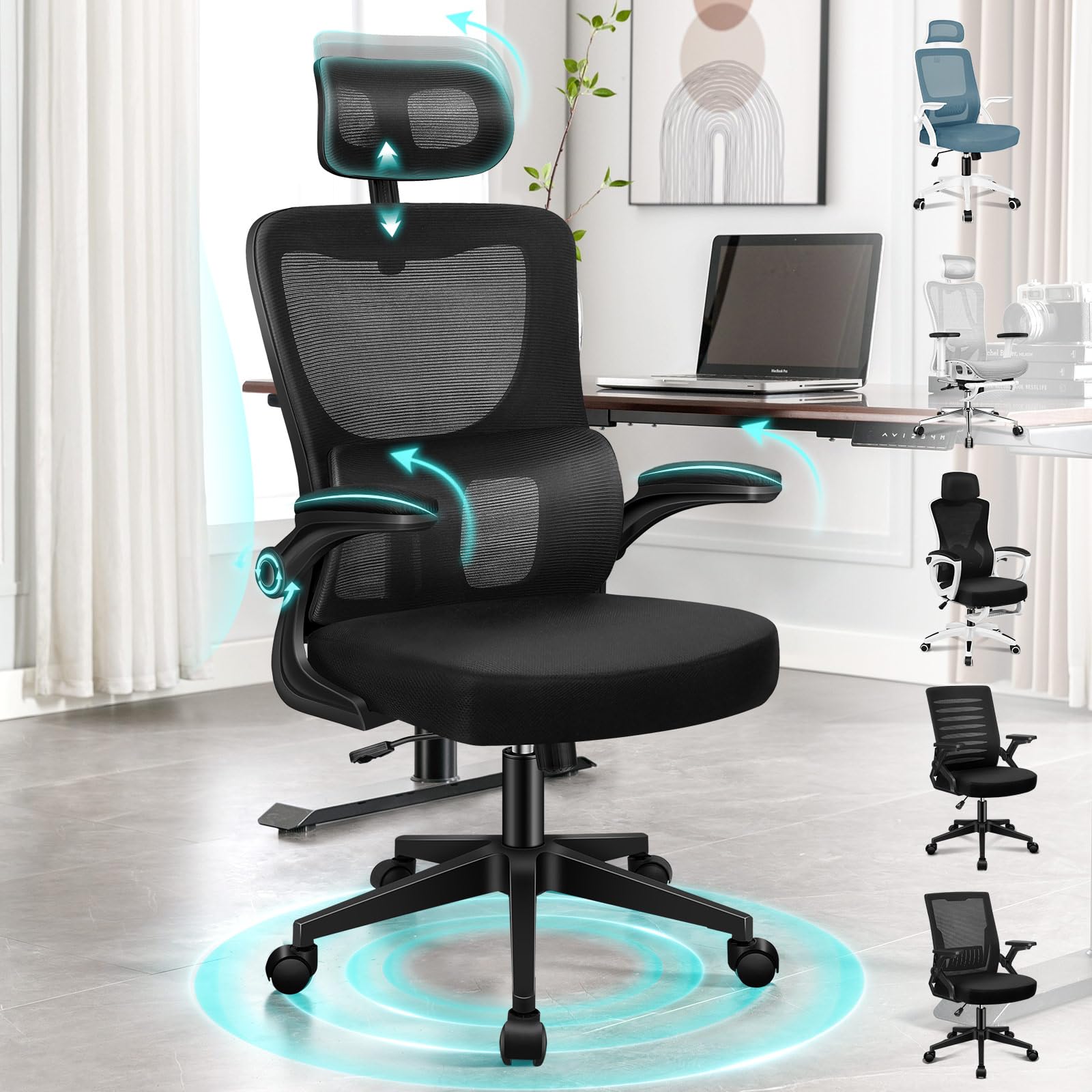ALFORDSON Sedia da Ufficio Scrivania Ergonomica Lombare Nera | Poltrona Girevoli in Rete Serie NYLES, Supporto lombare adattivo, Poggiatesta regolabile, Braccioli imbottiti, Portata 150 kg