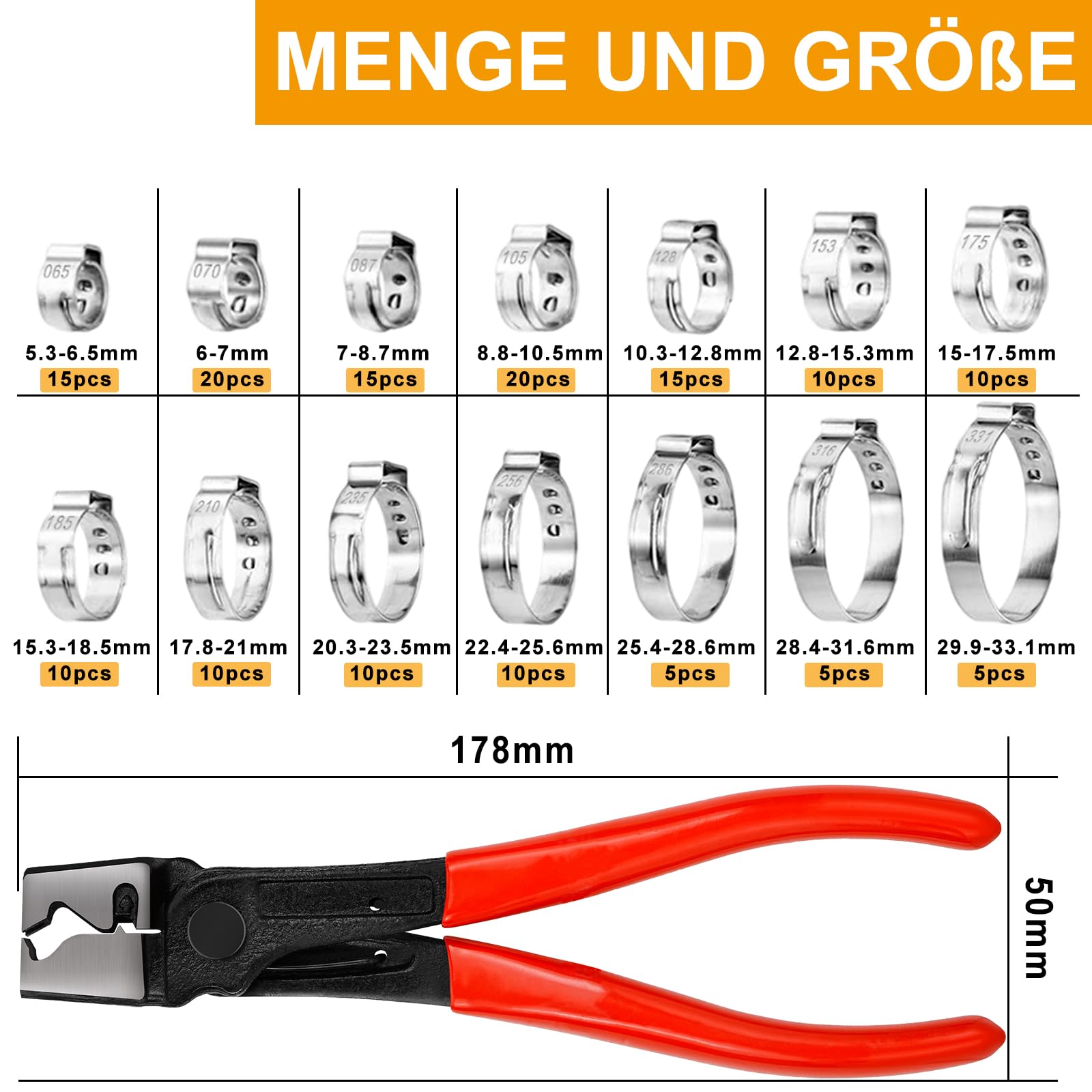 160PCS Einohr-Schlauchschellen aus Edelstahl mit Schlauchklemmzange – 14 Größen (5.3-33.1mm) | Robuste Klemmschellen für Schläuche