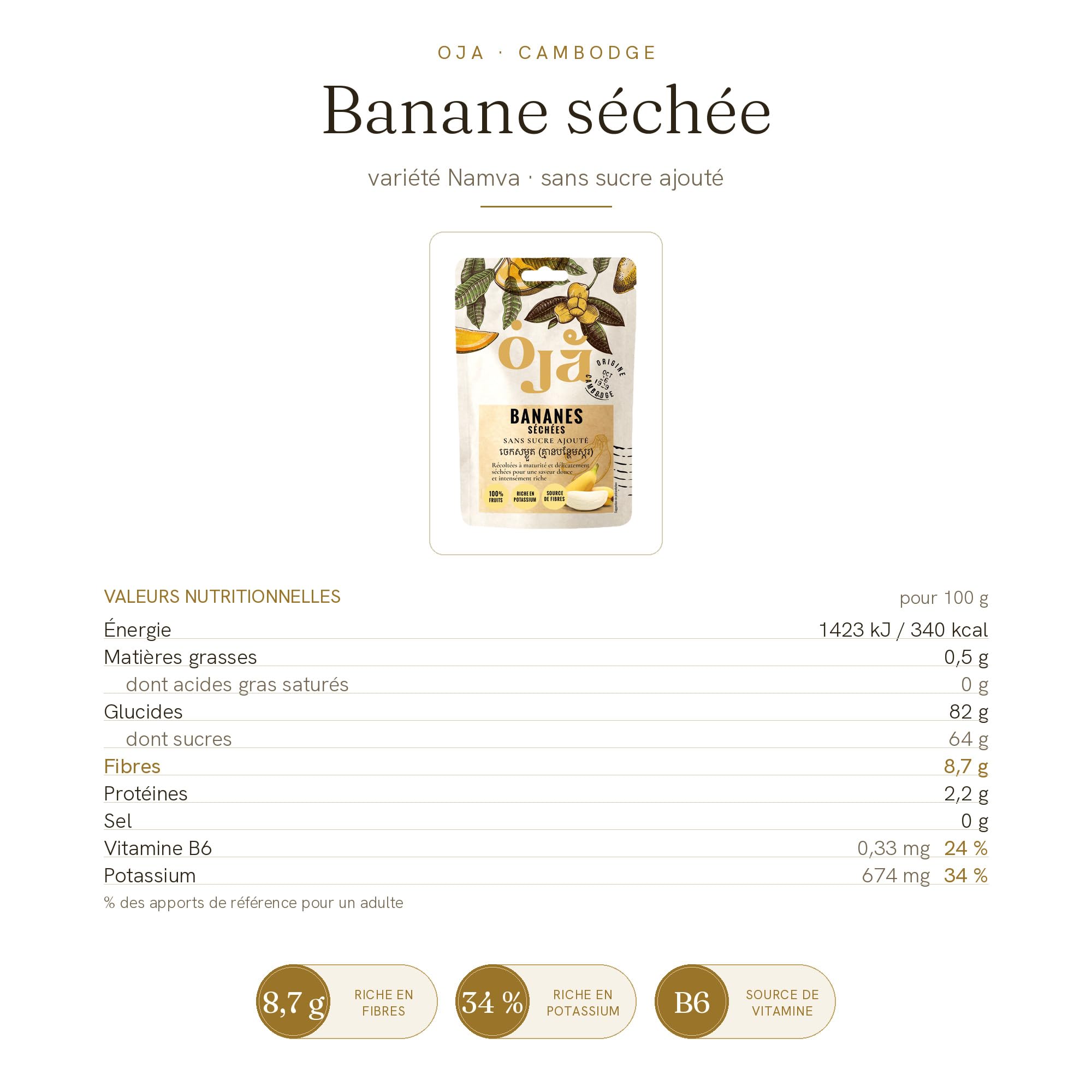 OJA Banane Séchée du Cambodge Sans Sucre Ajouté - Lot de 18 Sachets Refermables de 100 g (1,8 kg) - 100% Banane Namva, Riche en Potassium