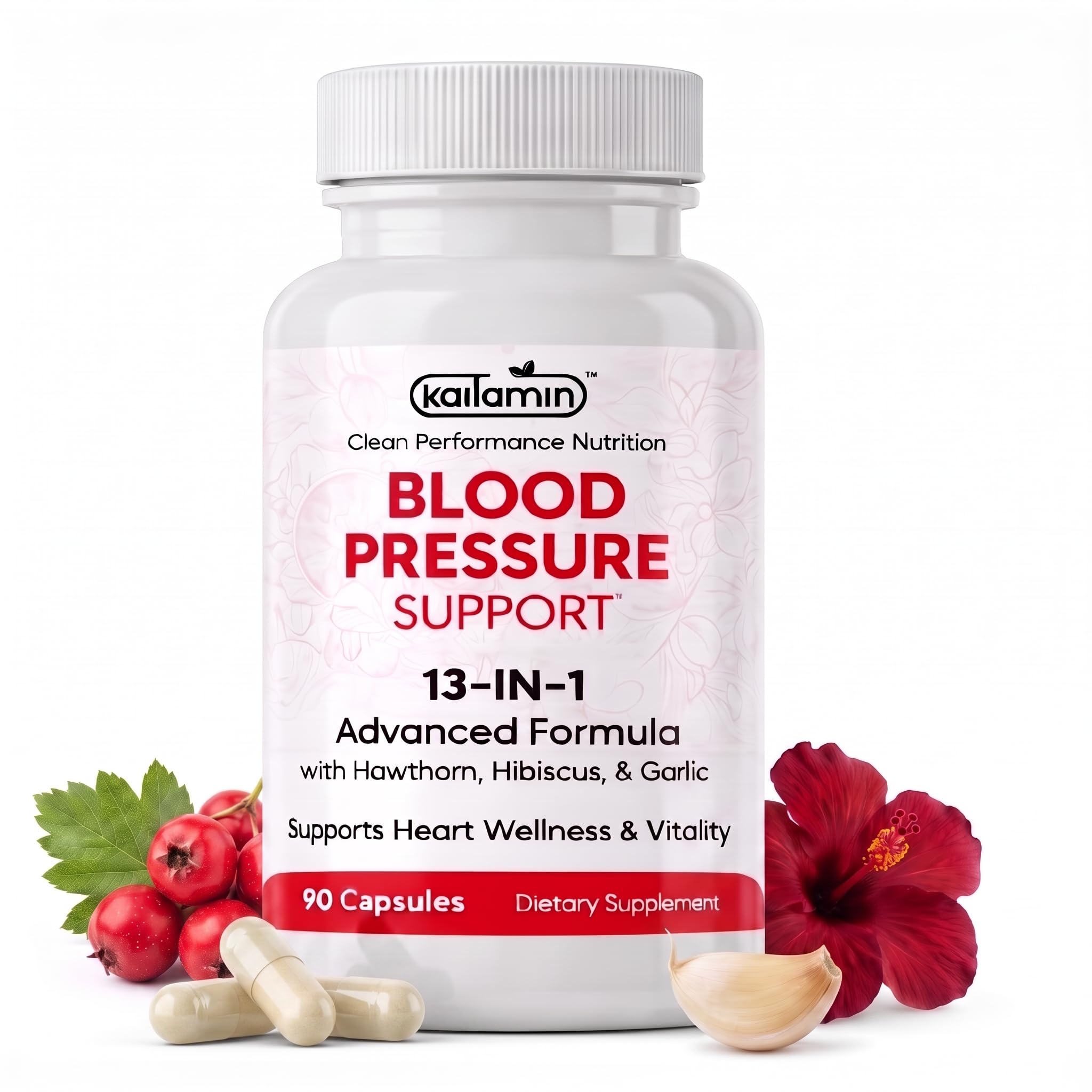 Blood Pressure Support Supplement, Hawthorn Berry, Hibiscus & Garlic, 13-in-1 Heart Health & Circulation Formula, Eurofins Tested, 90 Capsules (3-Month Supply)