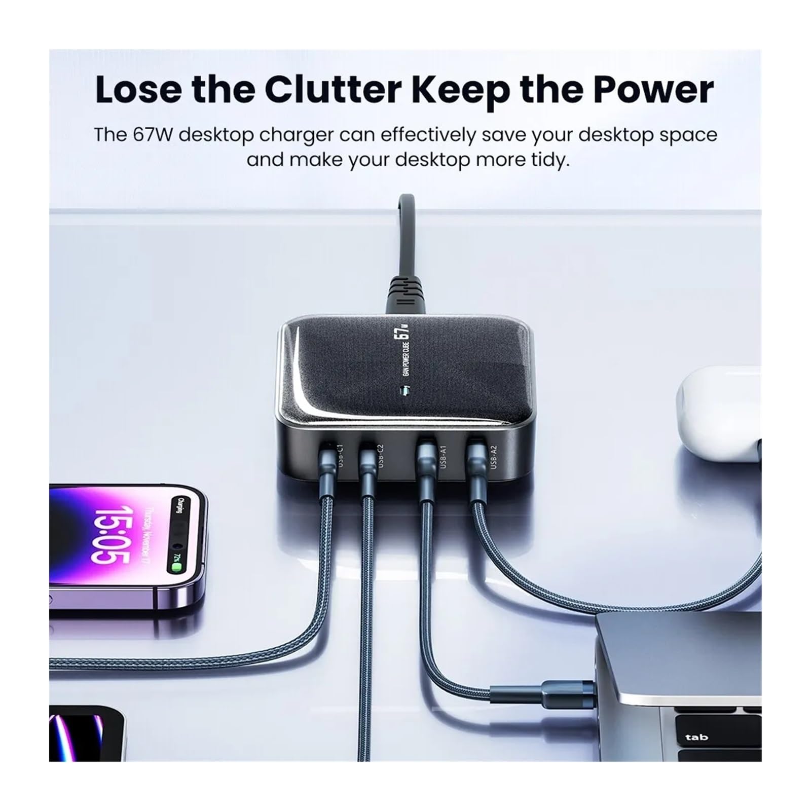Ładowarka Multi Ports, Ładowarka Stacja ładująca Wieloportowa ładowarka USB 67 W typu C PD QC Szybkie ładowanie do domu, biura i podróży