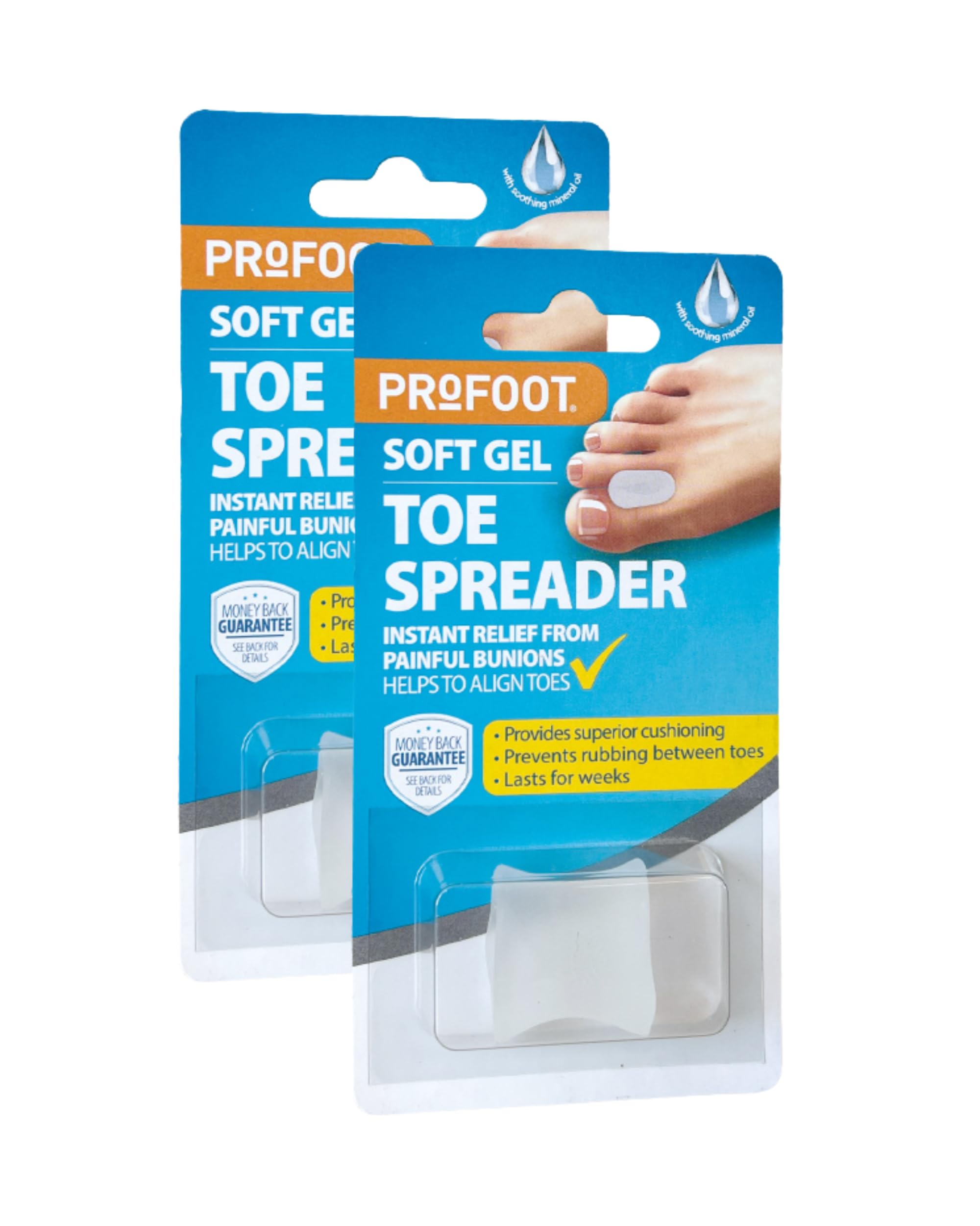 PROFOOTSoftGel Toe Spreader - Relieve Bunion Pain and Align Toes - Gentle Bunion Corrector - Washable, Reusable - 2 Pack