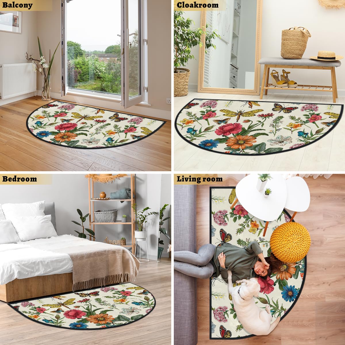 Mexpekil Paillasson vintage en forme de demi-lune pour intérieur et extérieur - Lavable - Demi cercle - Attrape la saleté - 100 x 160 cm