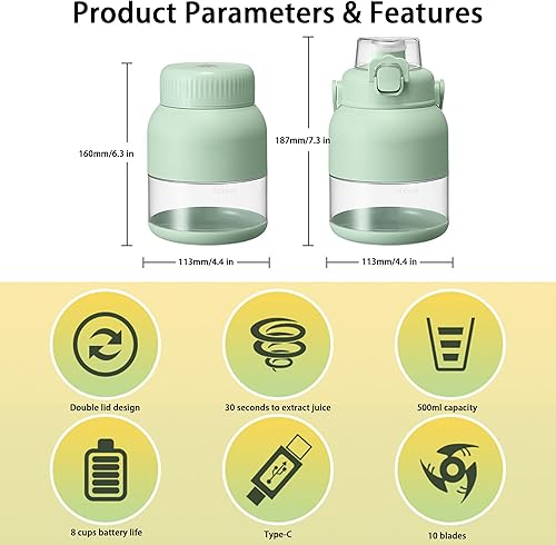 Miniatura 8 de Electric Citrus Juicer 17 Oz, Portable Blender for Shakes and Smoothies, Exprimidor de Naranjas Electrico, with Straw and Two Lids, for Home Travel