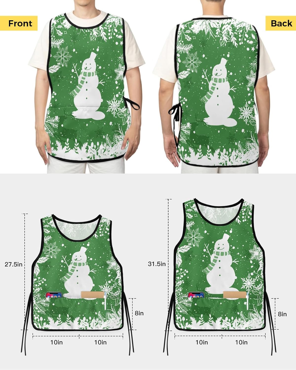Green Christmas Cobbler Aprons with 2 Pockets for Women Men, Winter Snowman Snowflake Xmas Reindeer