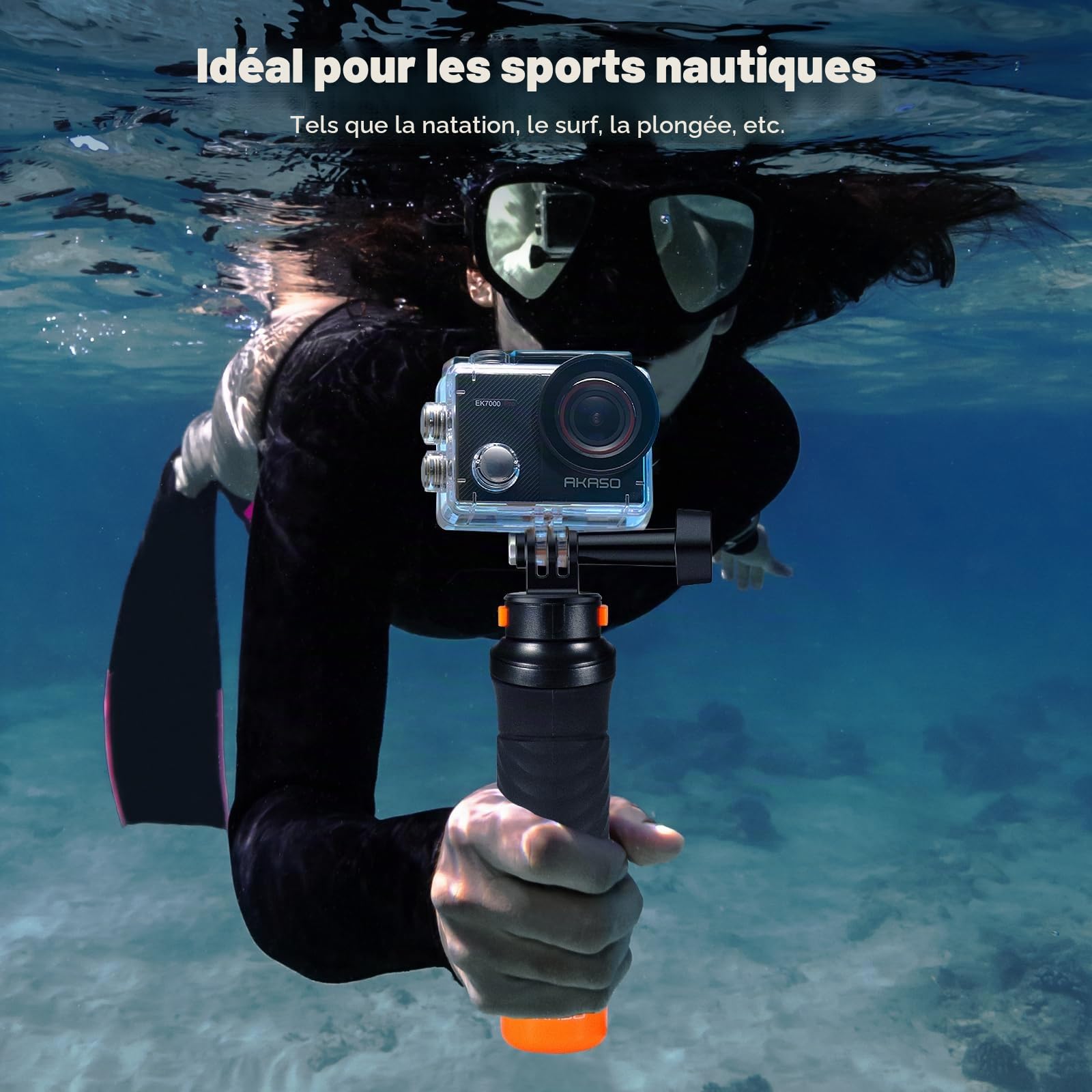 AKASO EK7000 Pro Caméra Sport Kit de Poignée Flottant - Comprend 20MP Camera Sport 4K 30FPS avec Trépied Selfie Stick de 60CM pour Action Caméra Sportive, Sac de Rangement, 2 Batteries et Plus