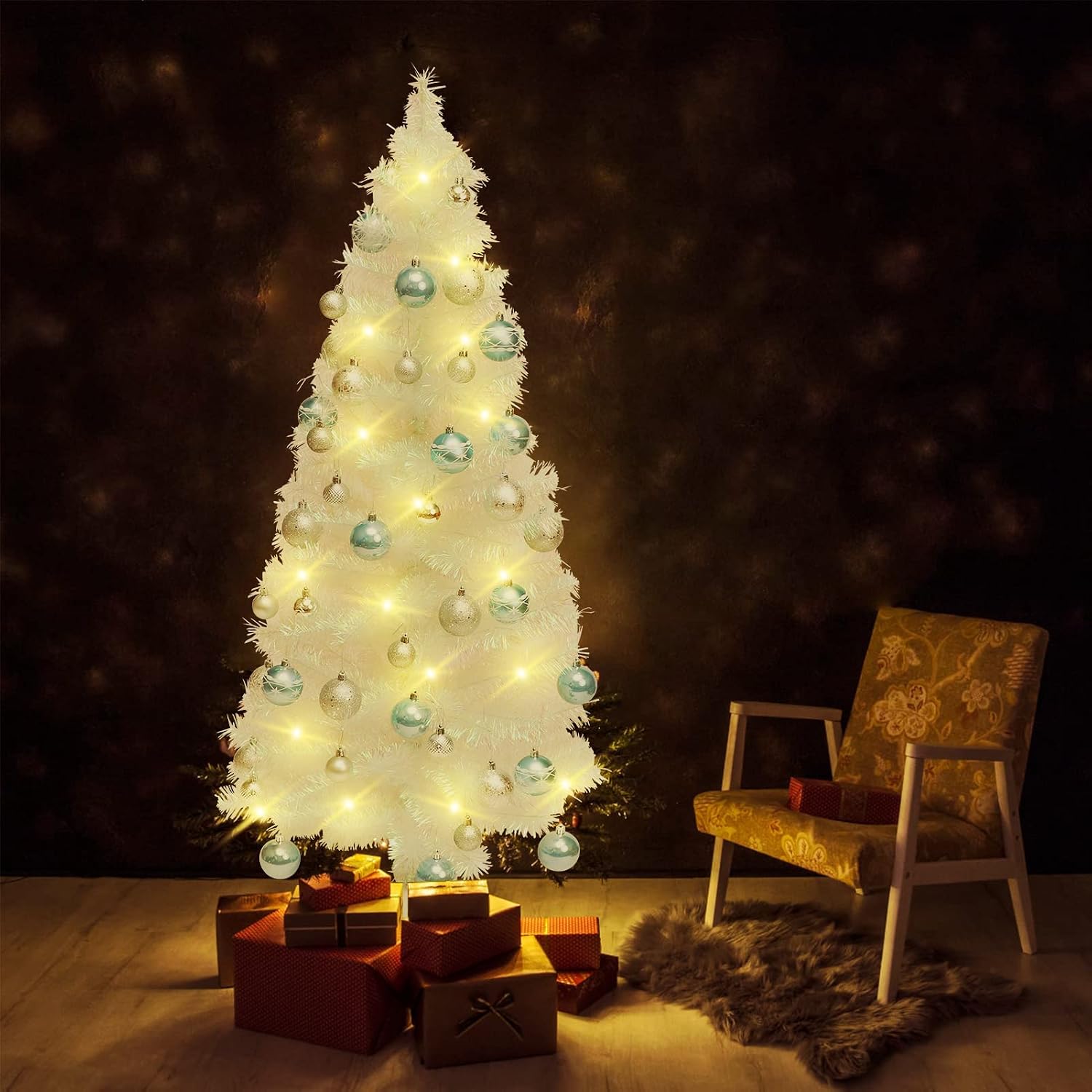 5FT Pre-Lit Artificial Christmas Tree, White Tinsel Small Christmas Tree, for Home Party, Wedding, Holiday, Indoor Outdoor Thanksgiving Xmas Decor - Colorful White.