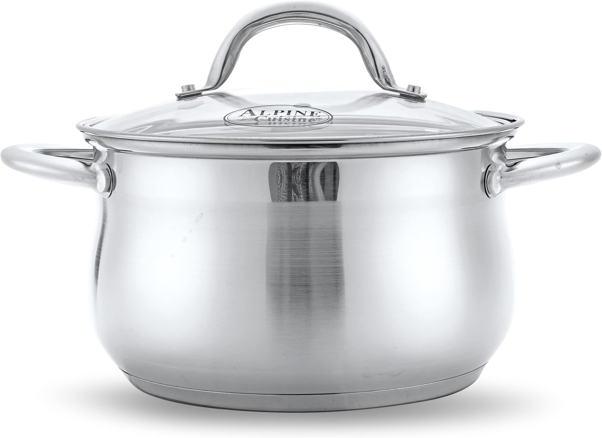 Alpine CuisineStainless Steel Dutch Oven Belly Shape 4 Quart - Heavy Duty Pot with Tempered Glass Lid,Comfortable Handles, Dishwasher Safe & Easy to Clean