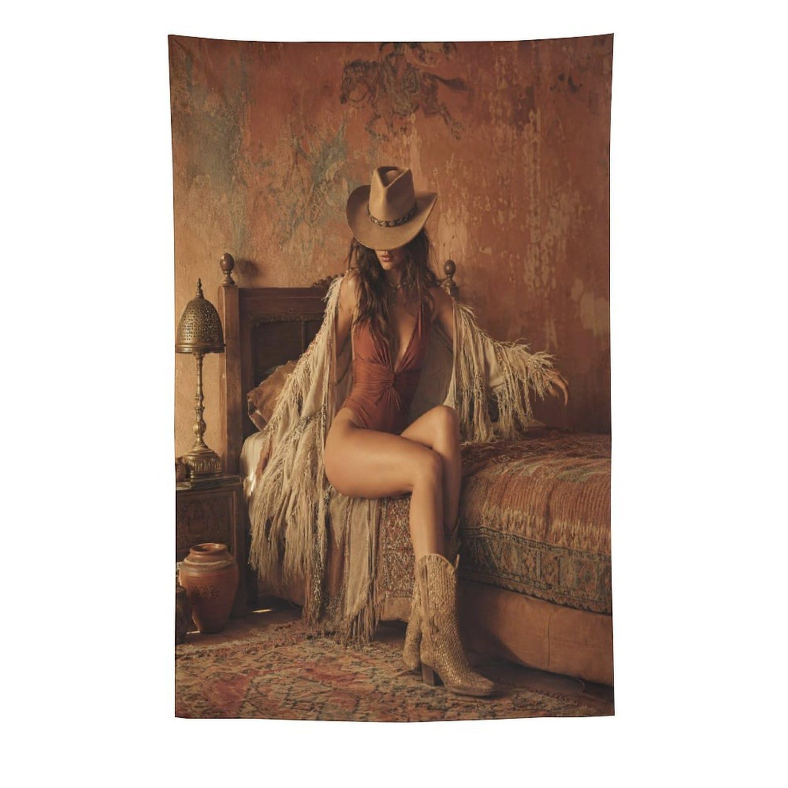 H3B8U2Y5 Rustic Cowgirl Bedroom Wall Tapestry, Detailed Illustration Style