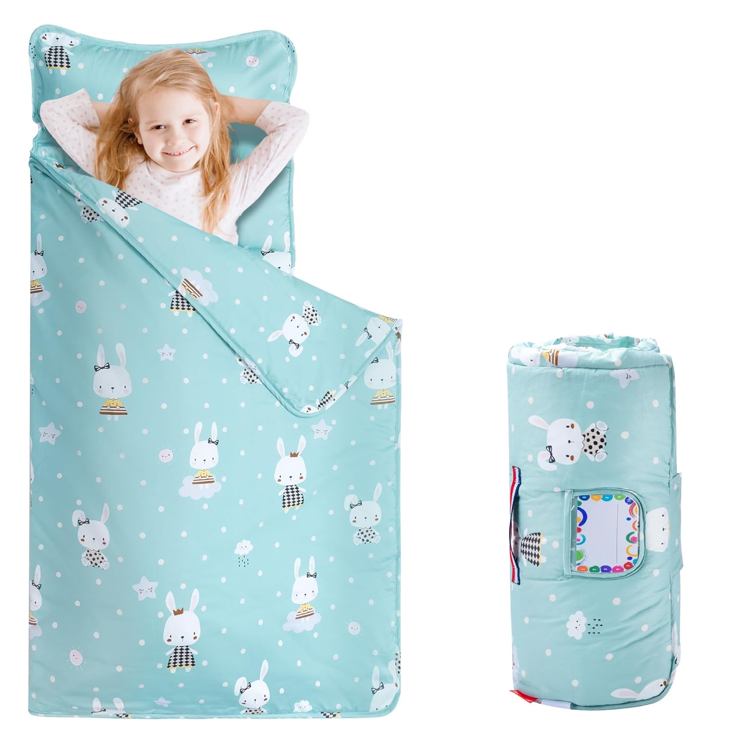 FAINSY Toddler Nap Mat with Pillow and Blanket,100 Cotton