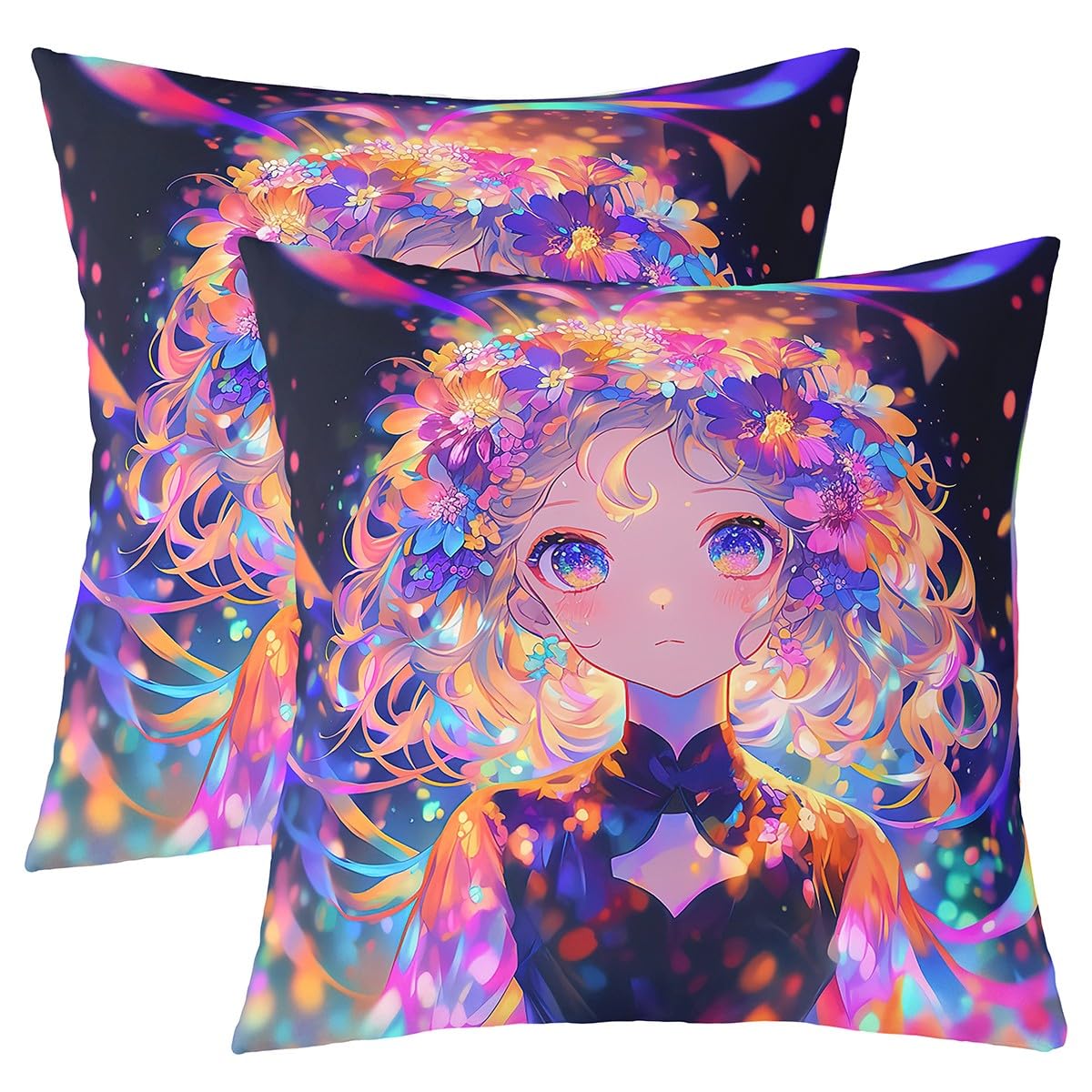 Loussiesd Cute Grils Reversible Throw Pillow Covers for Kids Girls Cartoon Japanese Style Pillow Covers Home Decor 60x60cm Kawaii Fairy Floral Square Cushion Covers Set of 2 Decor Rainbow Fancy