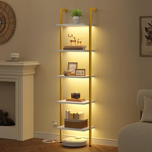Miniatura 13 de Tajsoon - Estantería de escalera de 5 niveles con luz LED, estantería de escalera montada en la pared con marco de metal, estantería de escalera de