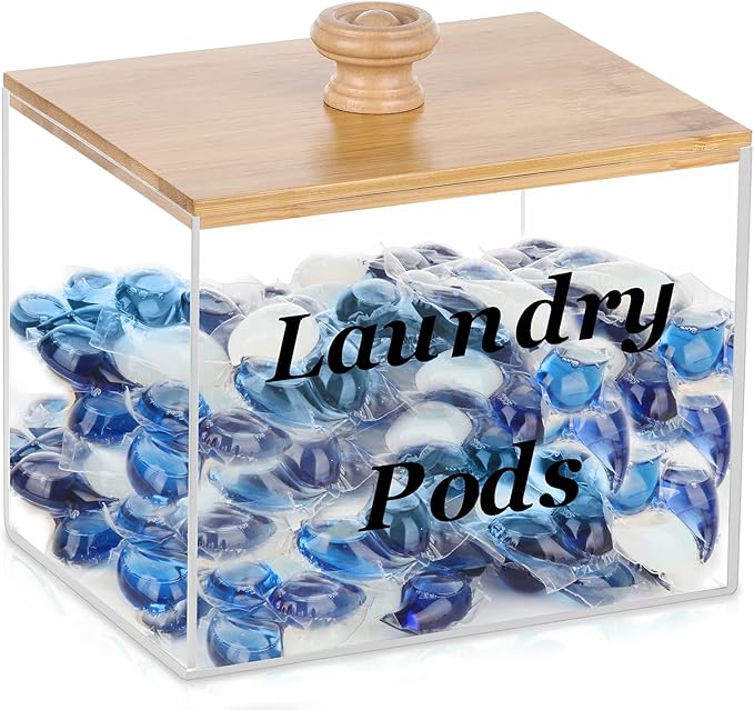 Acrylic Laundry Pods Container with Bamboo Lid, Clear