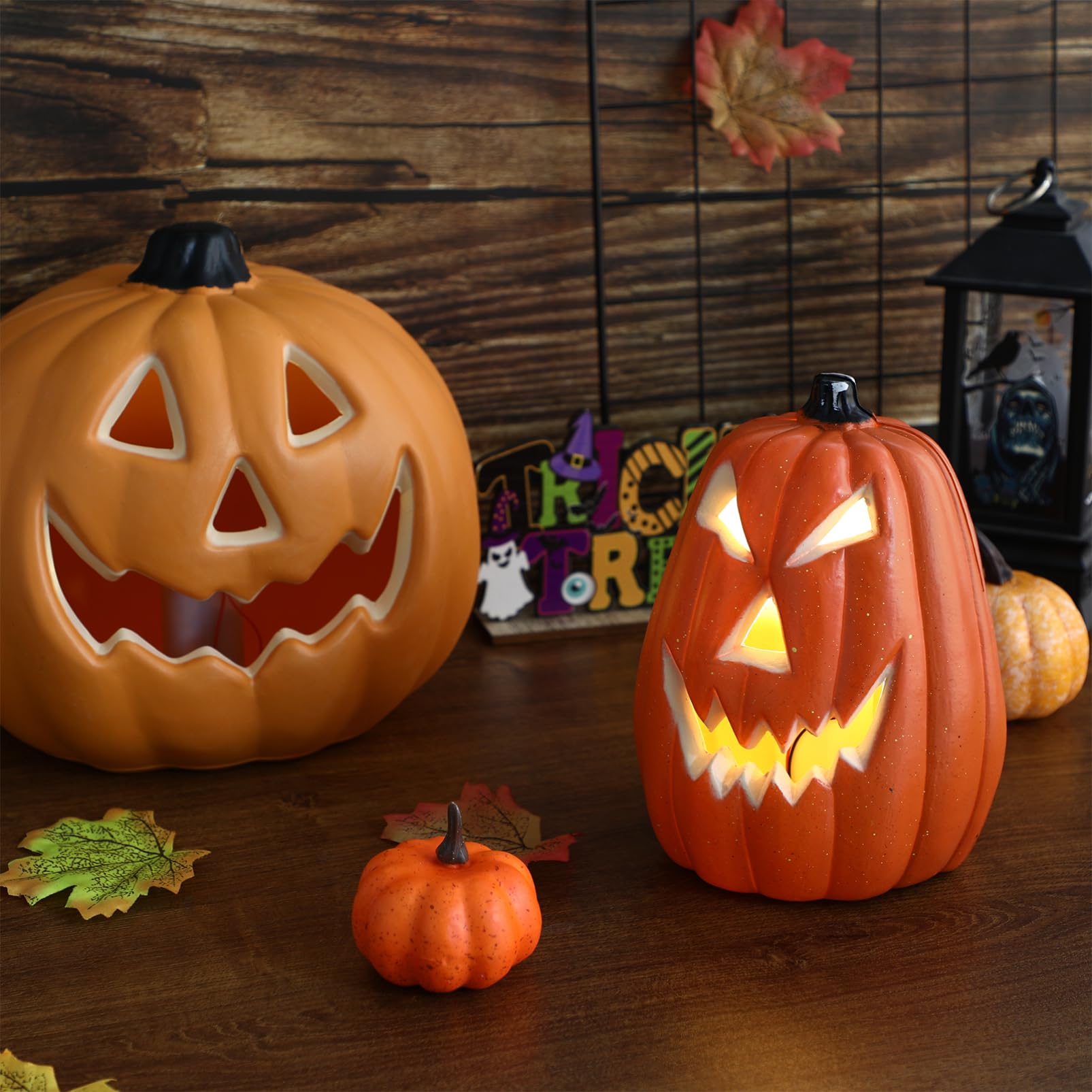 SEWACC Halloween LED Pumpkin Lamp, Light up Jack O Lantern, Glowing Decorative Light, Orange, Plastic, Batteries Not Included