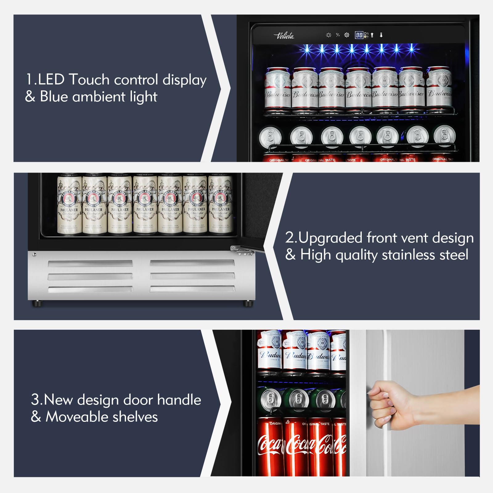 24 Inch Outdoor Beverage Refrigerator Cooler,Stainless Steel Wide Refrigerator for 210 Cans,Fit Perfectly for 24" Space Built-in Counter or Freestanding with powerful and quiet cooling system