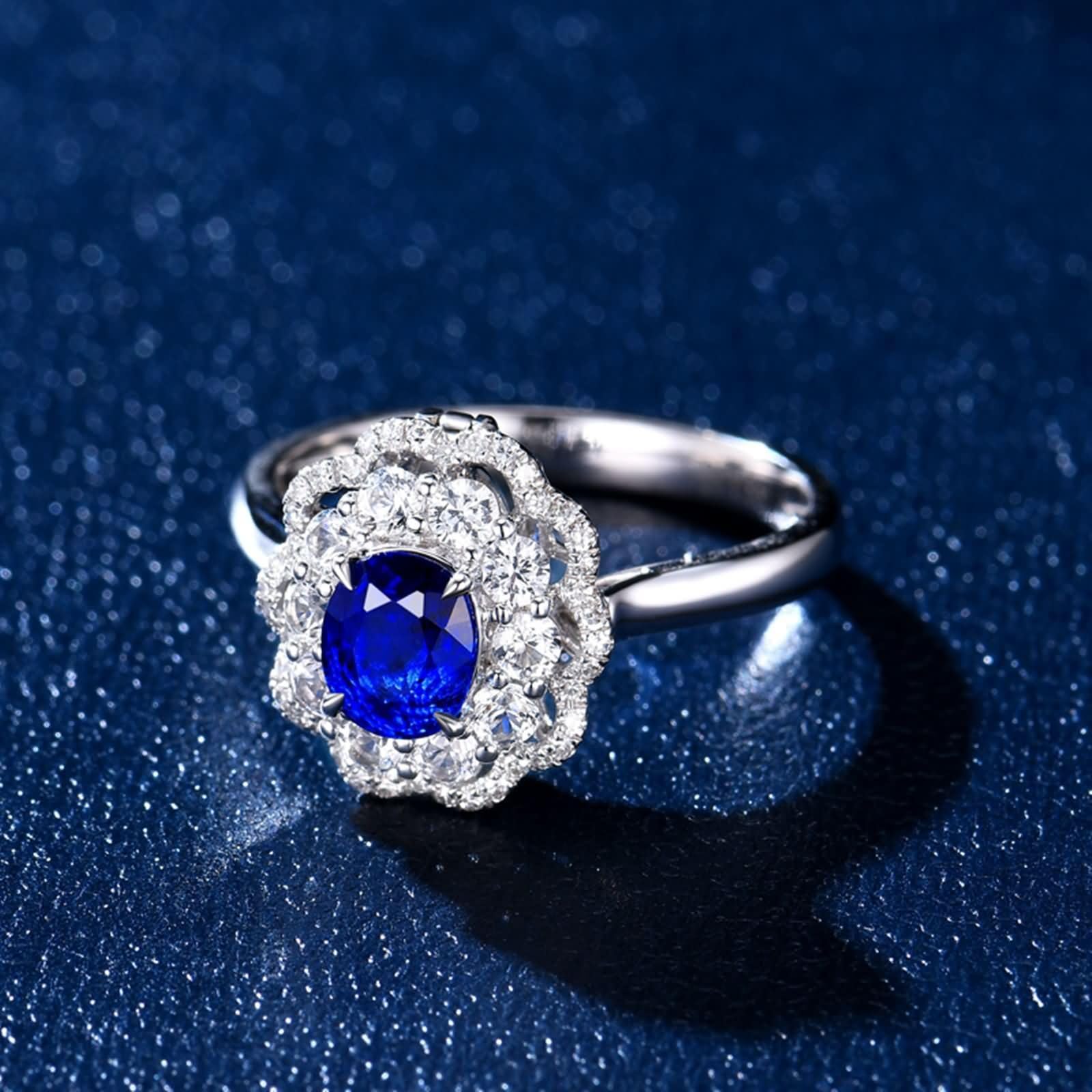 Obrączki ślubne damskie 9K / 14K / 18K / 18K, kwiat i 4 owalne szczęki z szafirem 1,07ct i diamentem, srebrne niebieskie pierścionki zaręczynowe dla kobiet