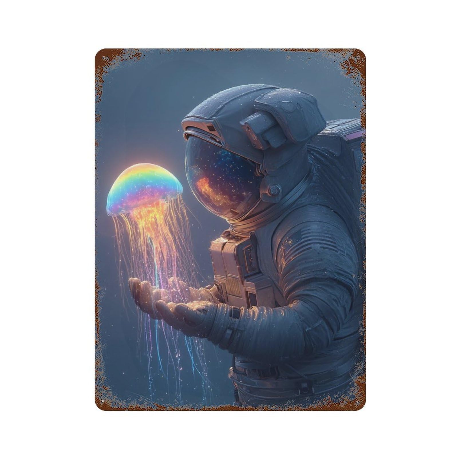 Garage Style Astronaut Holding Jellyfish Decorative Tin Sign 15.7"x11.8", Shabby Chic Decor for Bar And Workshop