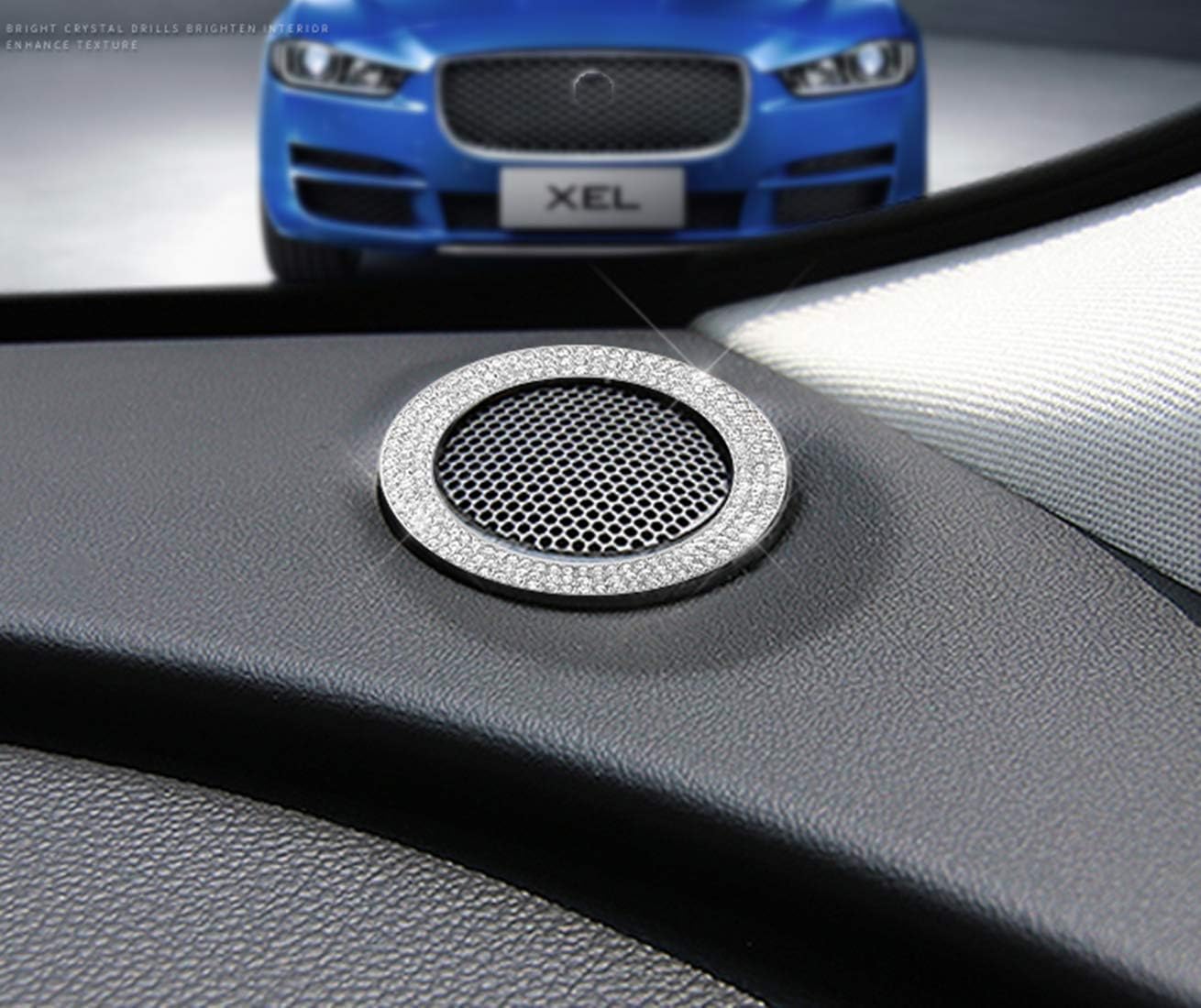 Suitable for Jaguar car XF XE F-PACE Bling Accessories Electronic Parking Button Gear Control Knob 3D Rhinestone Applique Cover Applique Set (Speaker Trim Ring (2 Pieces/Set), Silver)