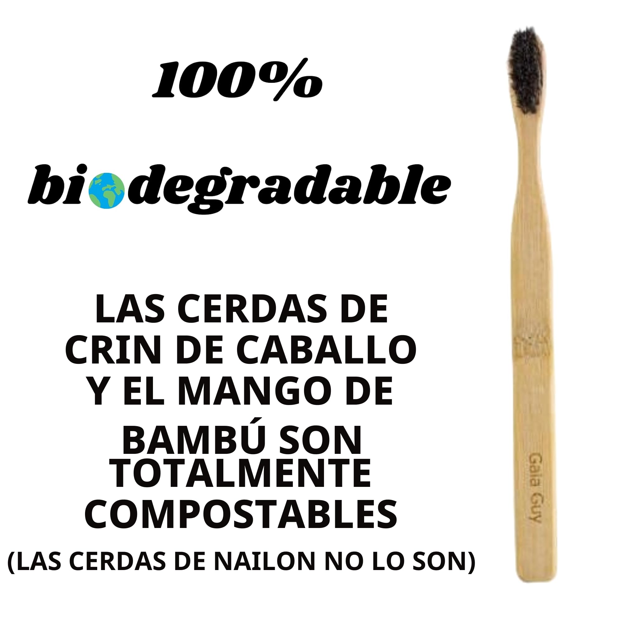 Gaia Guy Cepillo de dientes de bambú de cerdas naturales suaves (sin nailon, solo crin de caballo), totalmente compostable y biodegradable, cerdas suaves de pelo de caballo y cepillos de dientes de
