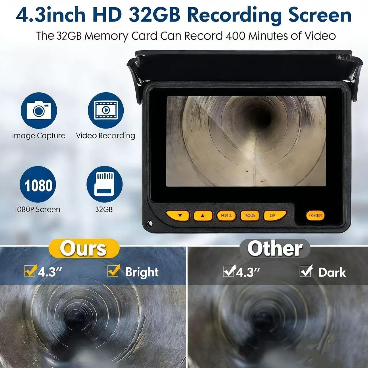 Sewer Camera 100ft,SYANSPAN HD 4.3" Screen 32GB DVR Drain Camera with 6 LED Light,8500mAh 8-10H Working Time Borescope w/Meter Counter for Plumbing Drain (100ft/30M) — Amazon image 7
