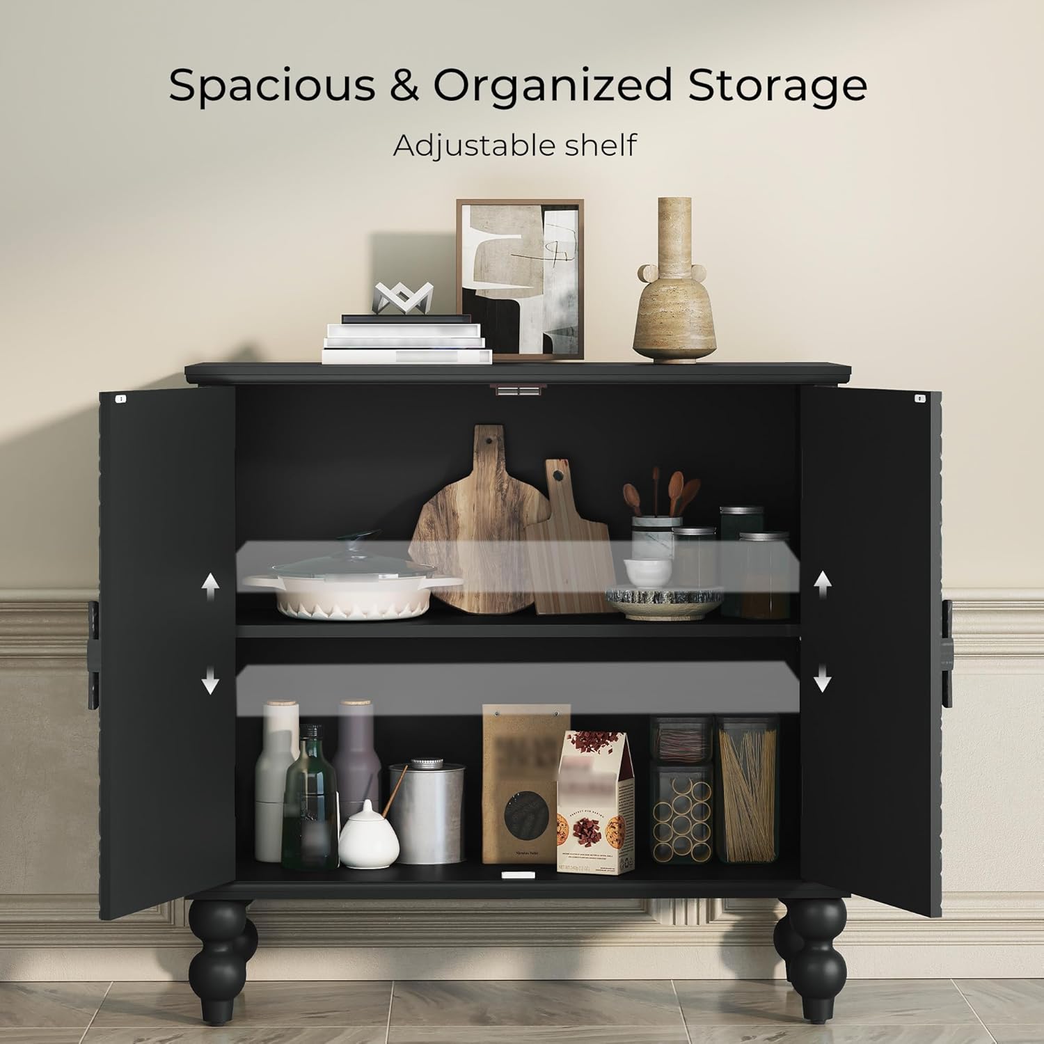 Buffet Cabinet with Storage, Accent Cabinet with 2 Carved Doors, Solid Wood Sideboard with Adjustable Shelf, Vintage Cabinets for Kitchen, Living Room, Entryway, Black