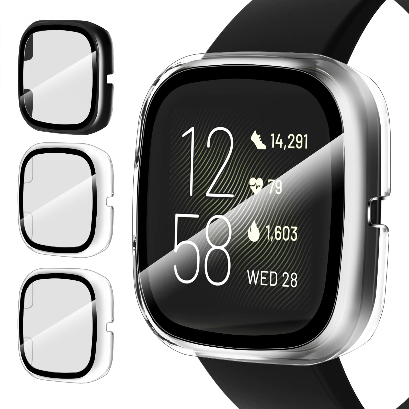 iVoler 3 szt. etui ze szkła hartowanego do Fitbit Versa 2, pełne zakrycie twardy futerał PC, HD przezroczysta folia ochronna przeciw zarysowaniom, 2 przezroczyste + 1 czarny