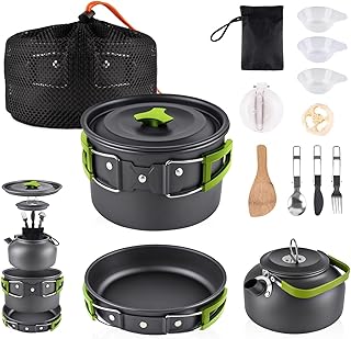 DPCR 14 - Piece Camping Cookware Mess Kit with Spoon Set, Lightweight Nonstick Pot &amp; Pan Set with Spork, Bowls, Knife &amp; Tr...