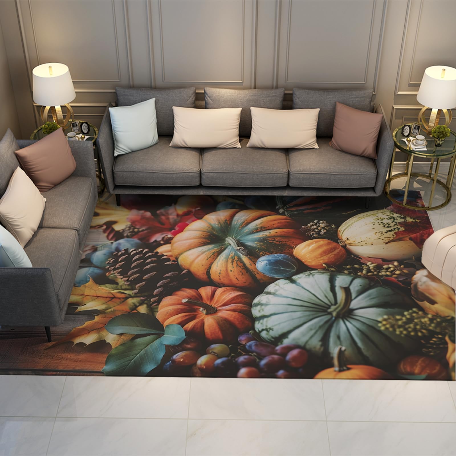 Tappeto Raccolto Autunnale Per Soggiorno Frutta Motivi Vegetali Tappeto Zucca Uva HD- Tappeti Stampa Per Cucina Pavimento-Lavabile 90x150cm