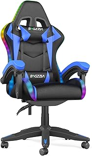 Racingreat LED Gaming Stuhl mit RGB-Lichtleiste, Gaming Chair RGB mit Kopfstütze und Lendenwirbelstütze, 90°–135° Neigungswinkel + Höhenverstellbar, PC-Stuhl für Kinder Junge Erwachsene (Blau)