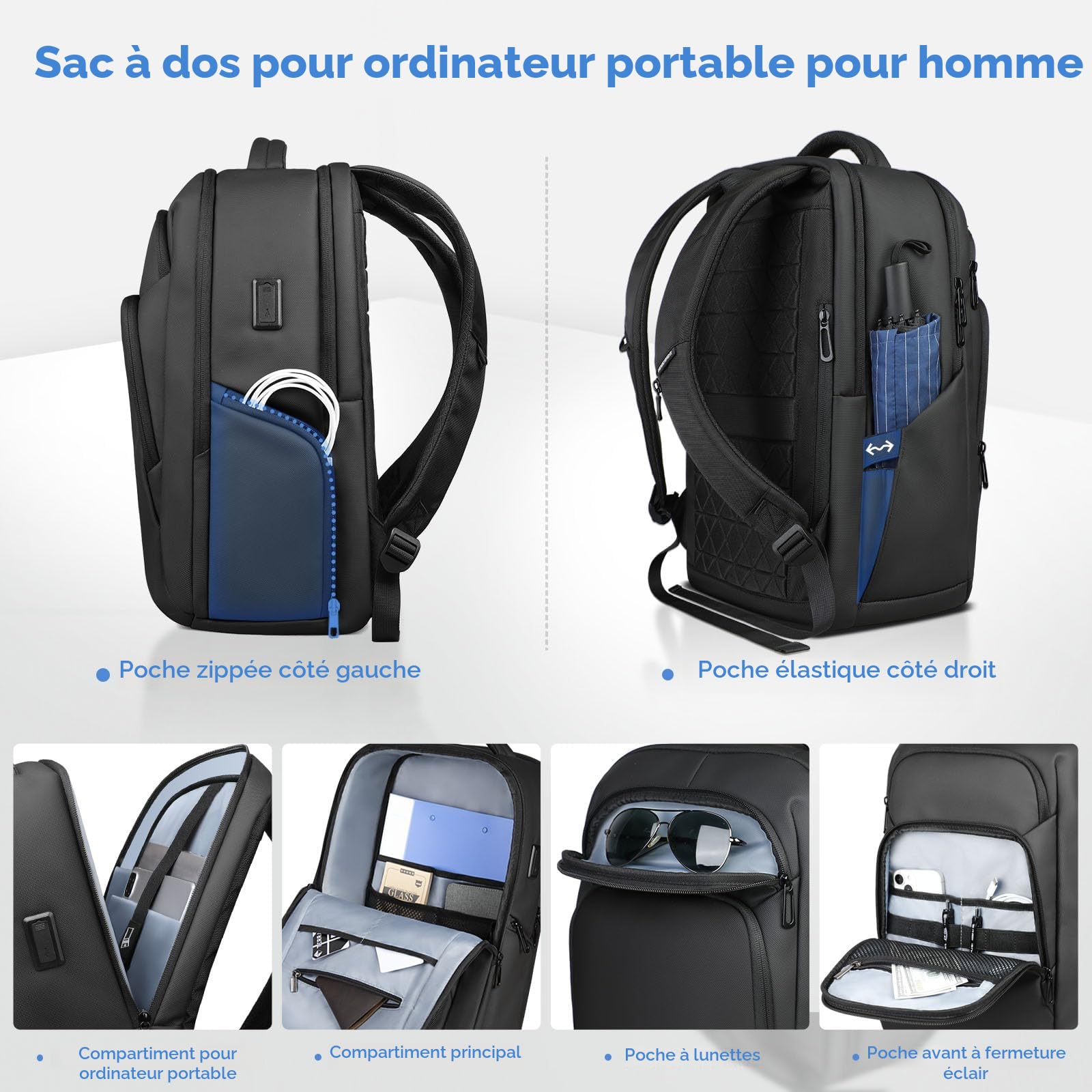 Sac à Dos Homme pour Ordinateur Portable 17,3 Pouces avec Ports USB-C & USB-A, Grande Capacité 24-28L, Étanche, Antivol, Léger pour Bureau, Travail, Université, Quotidien et Voyage - Noir