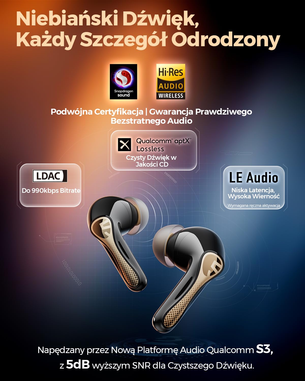 SOUNDPEATS Air5 Pro+ Bezprzewodowe słuchawki z ANC -55dB, Hi-Res LDAC/aptX Lossless, 10mm+xMEMS, 30h odtwarzania, Bluetooth 5.4, IPX5, tryb gier