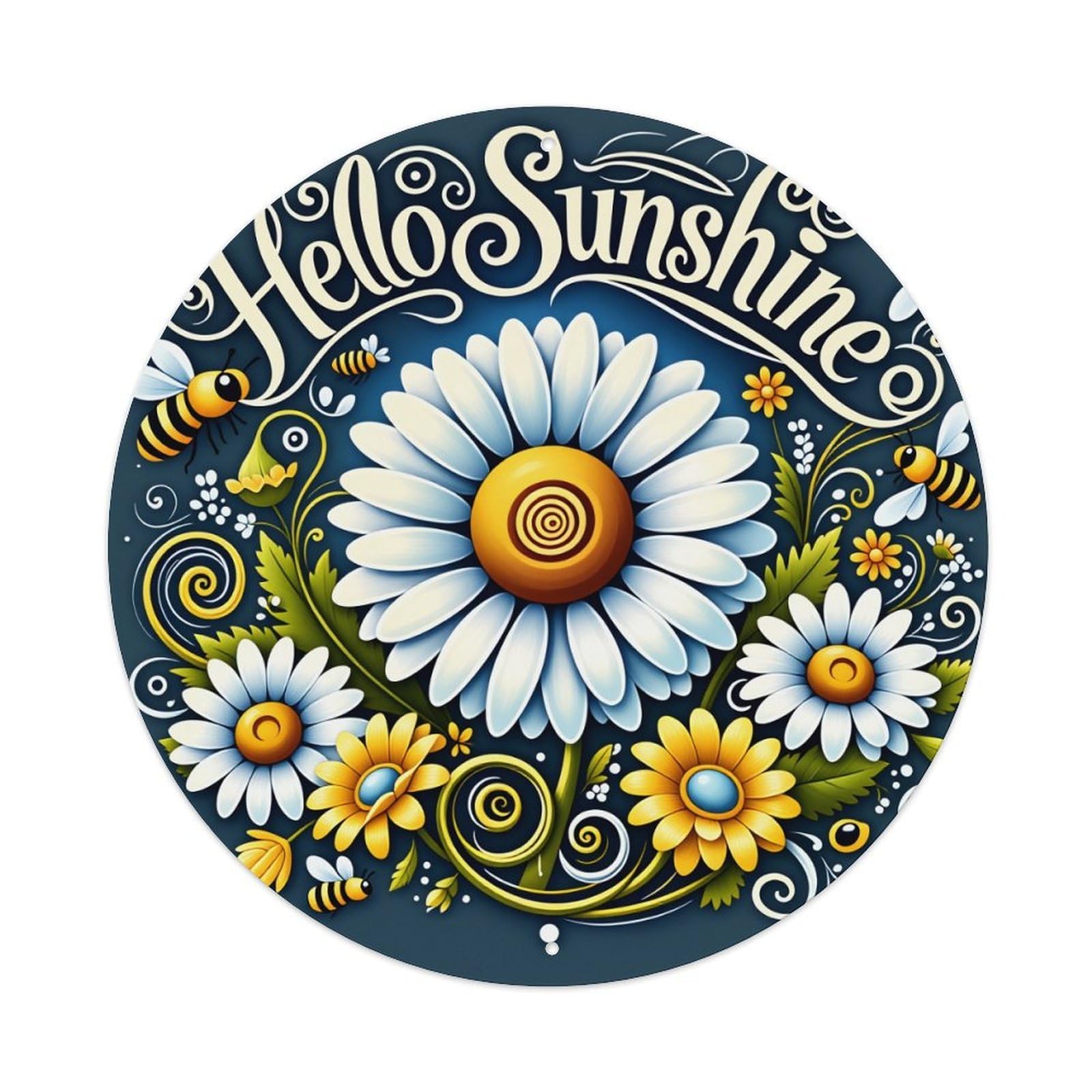 Hello Sunshine Daisy Bee Pattern Round Tin Sign Vintage Metal Poster Retro Bar, Home, Man Cave, Kitchen, Laundry Room Wall Art Decor Gift 8x8In