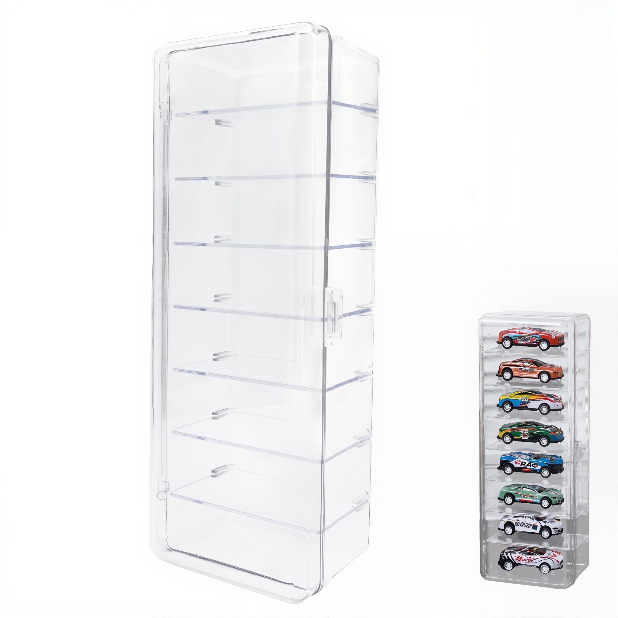HASTHIP® Mini Racing Car Models Display Box with Door, 8-Compartment Vertical Toy Organizer Case with Removable Clear Shelves, Collectible Car Desk Display Storage Box, 7.5x10.5x26 cm-image-14