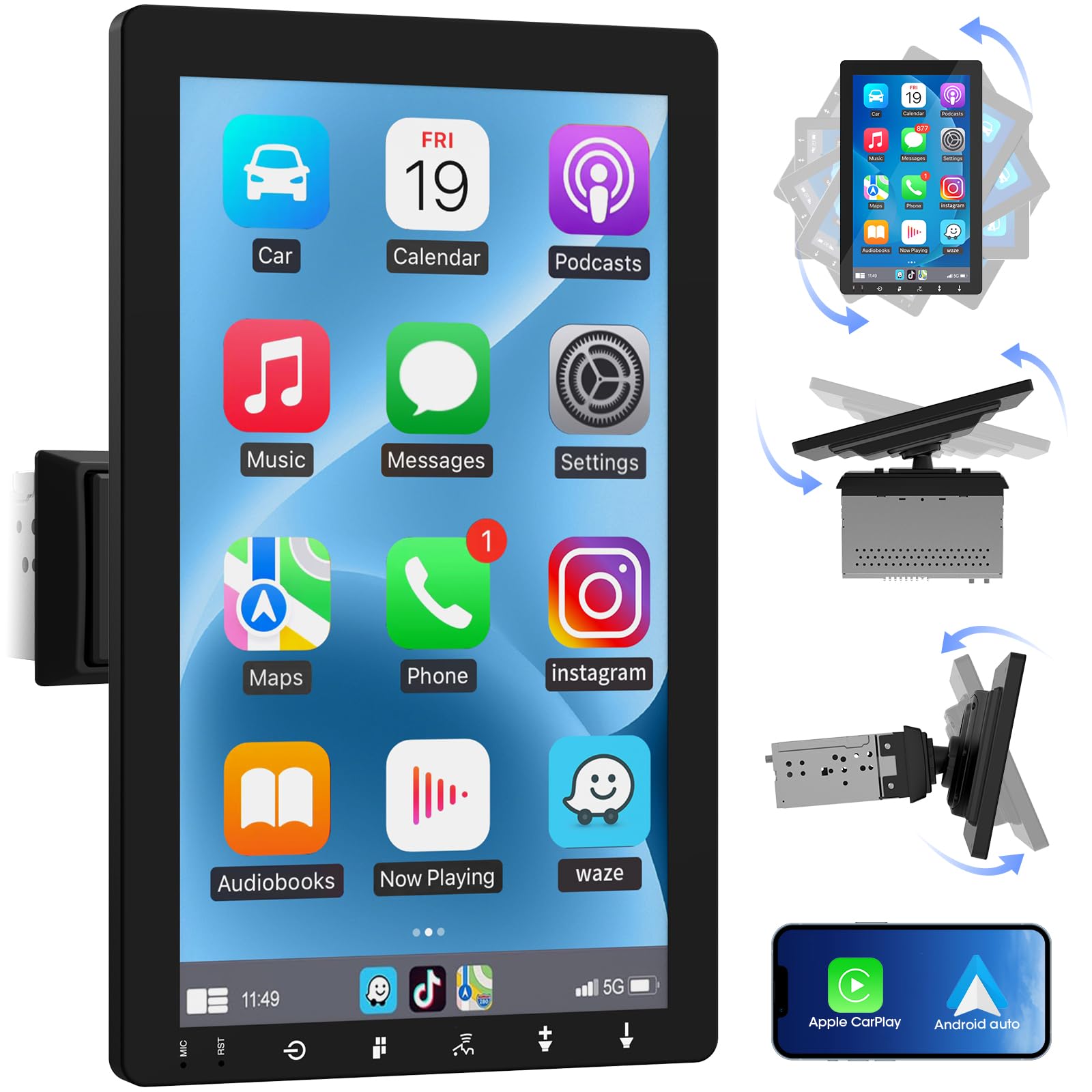 Single Din 10.1-inch CarPlay Touchscreen - Rotatable Wireless Android Auto Car Stereo - Bluetooth Phonelink GPS Navigation WiFi Dual USB AM FM Radio Backup Camera Input 2G+64G