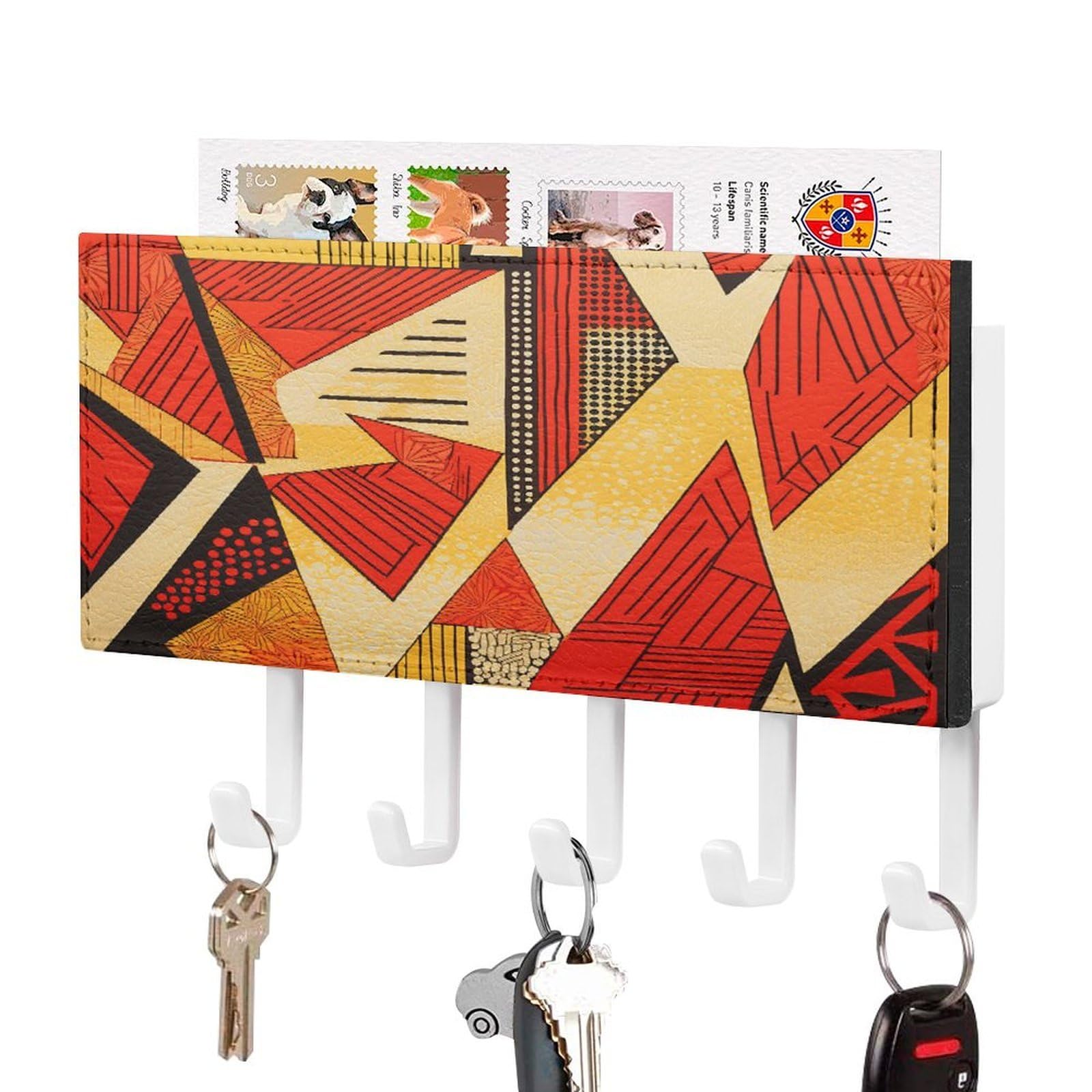 FekiLoot African Style Prints Key Holder Wall Mount Key Hanger with 5 Hooks Decorative Key Rack Hanging Key Hooks with Mail Organizer Key Holder for Wall Living Room Kitchen Bathroom Hallway White