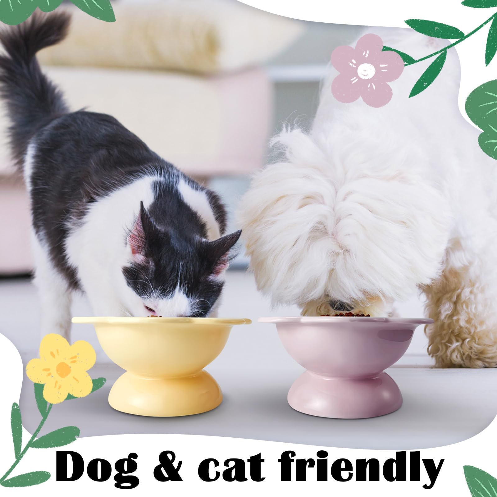 Zhehao 2 Pieces Ceramic Raised Cat Bowl Cute Flower Raised Cat Food Bowls Elevated Cat Bowls Tilted Dog Bowl Cat Dishes for Anti Vomiting Protecting Spine, Small Dog Kitten Supplies, 2 Colors