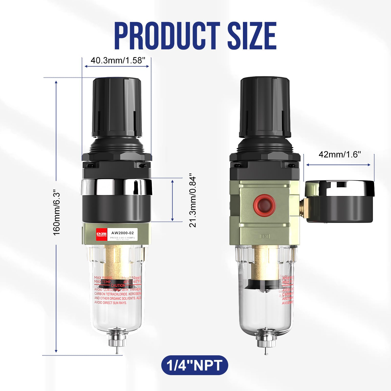 1/4 Zoll NPT Luftkompressor Wasserdruckregler für Airbrush-Feuchtigkeitsfalle Wasserabscheider Filter mit Manometer
