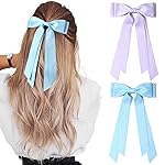 Aileam 2PCS Silky Satin Hair Bows Hair Clip Blue Purple Hair Ribbon Ponytail Holder Accessories Slides Metal Clips Hair Bow for Women Girls Toddlers Teens Kids