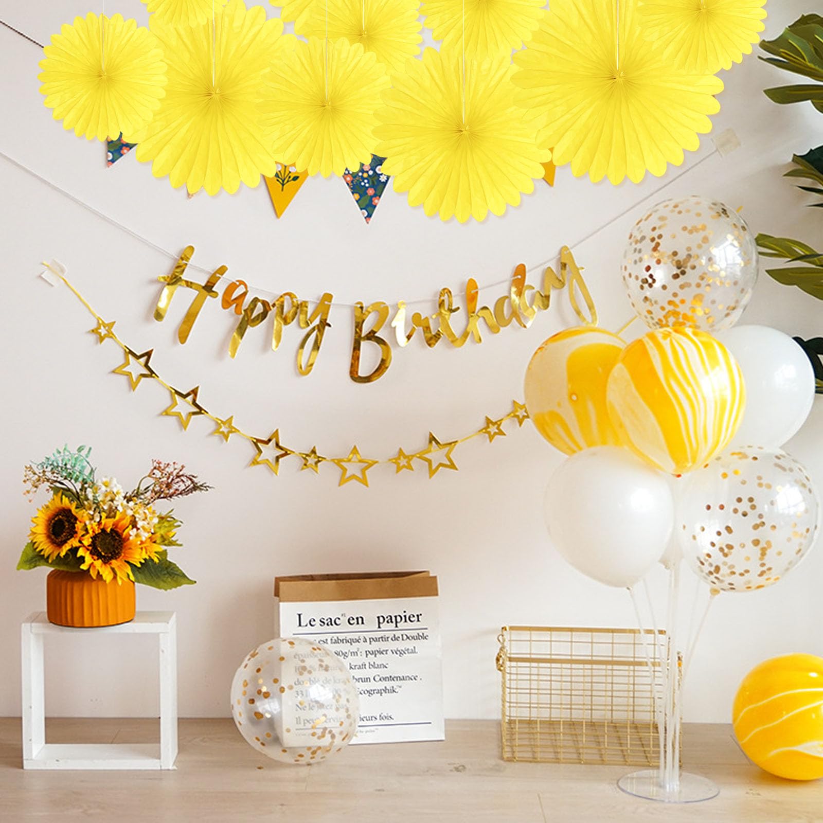 18 abanicos de papel colgantes de color amarillo claro, abanicos de papel redondos colgantes de panal, decoraciones de abanicos de papel para bodas, cumpleaños, Navidad, baby showers, aula, despedida